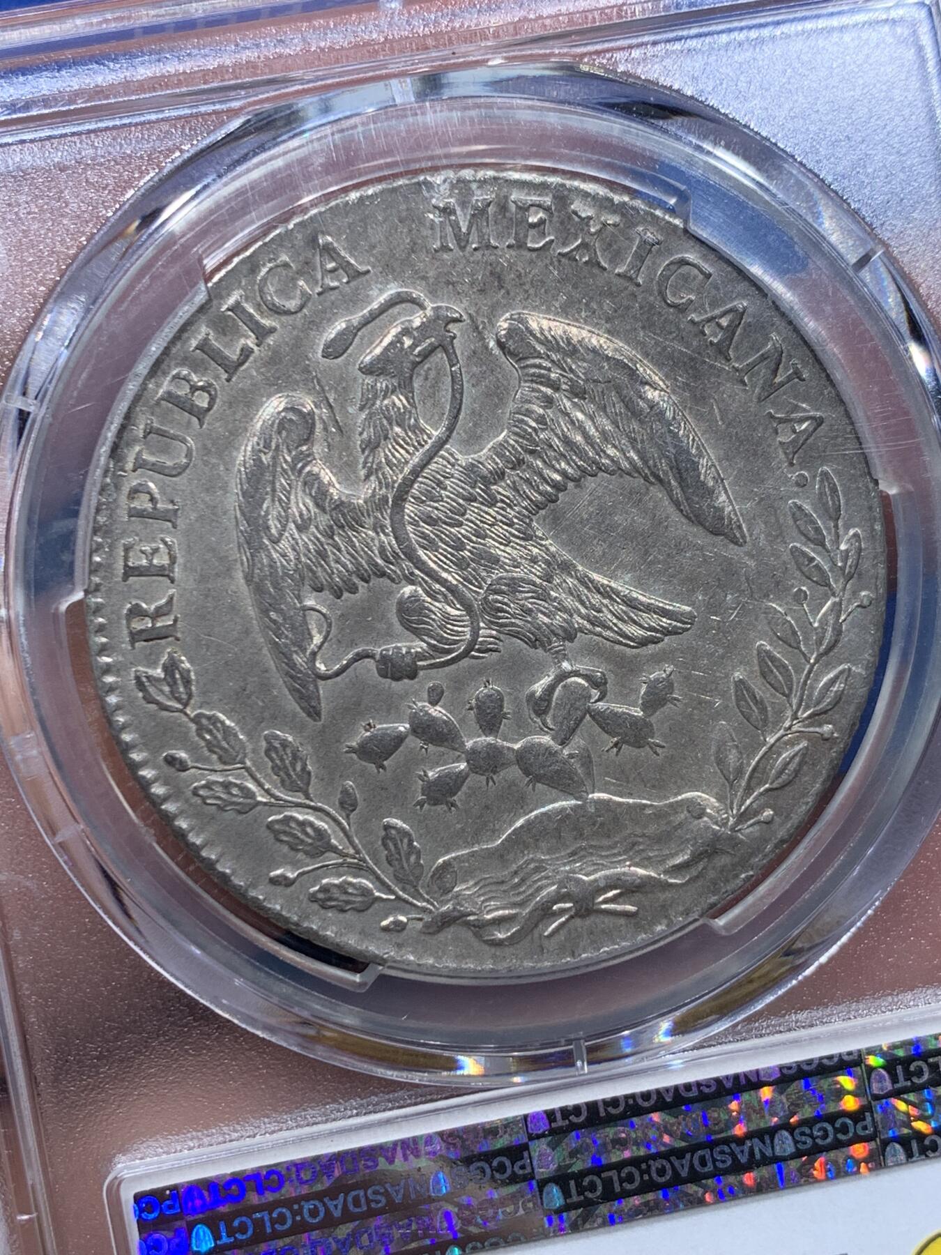 《竞宝斋》第361场 周日，周一  2场连拍 （全场包邮） PCGS AU58 墨西哥1896年GO RS版本花边鹰洋大银币，深打老鹰全羽毛，双面银灰包浆，同时镜面光度满满，性价比超高。