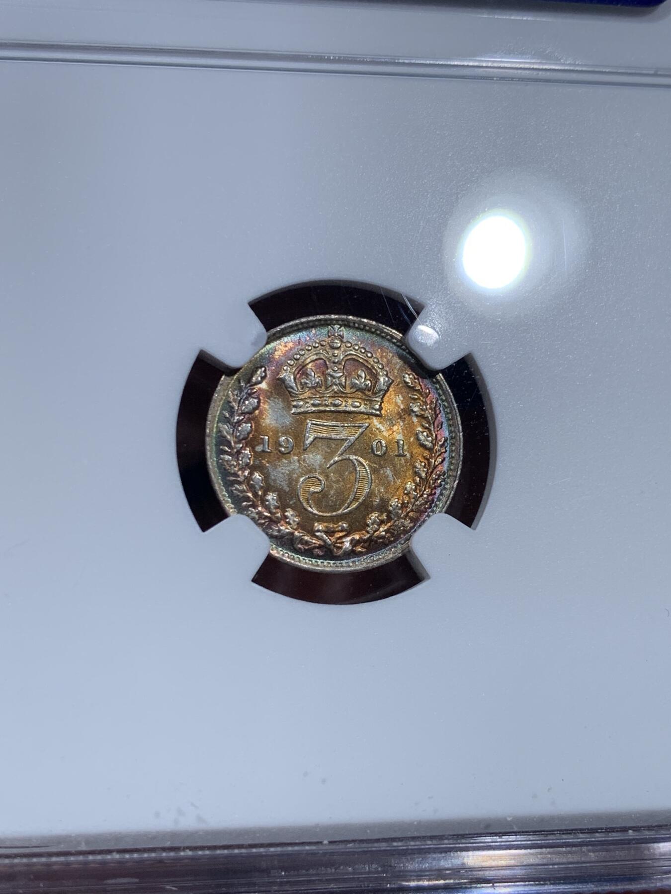 《竞宝斋》第361场 周日，周一  2场连拍 （全场包邮） NGC MS63 英国1901年老维3便士银币 单面深彩包浆