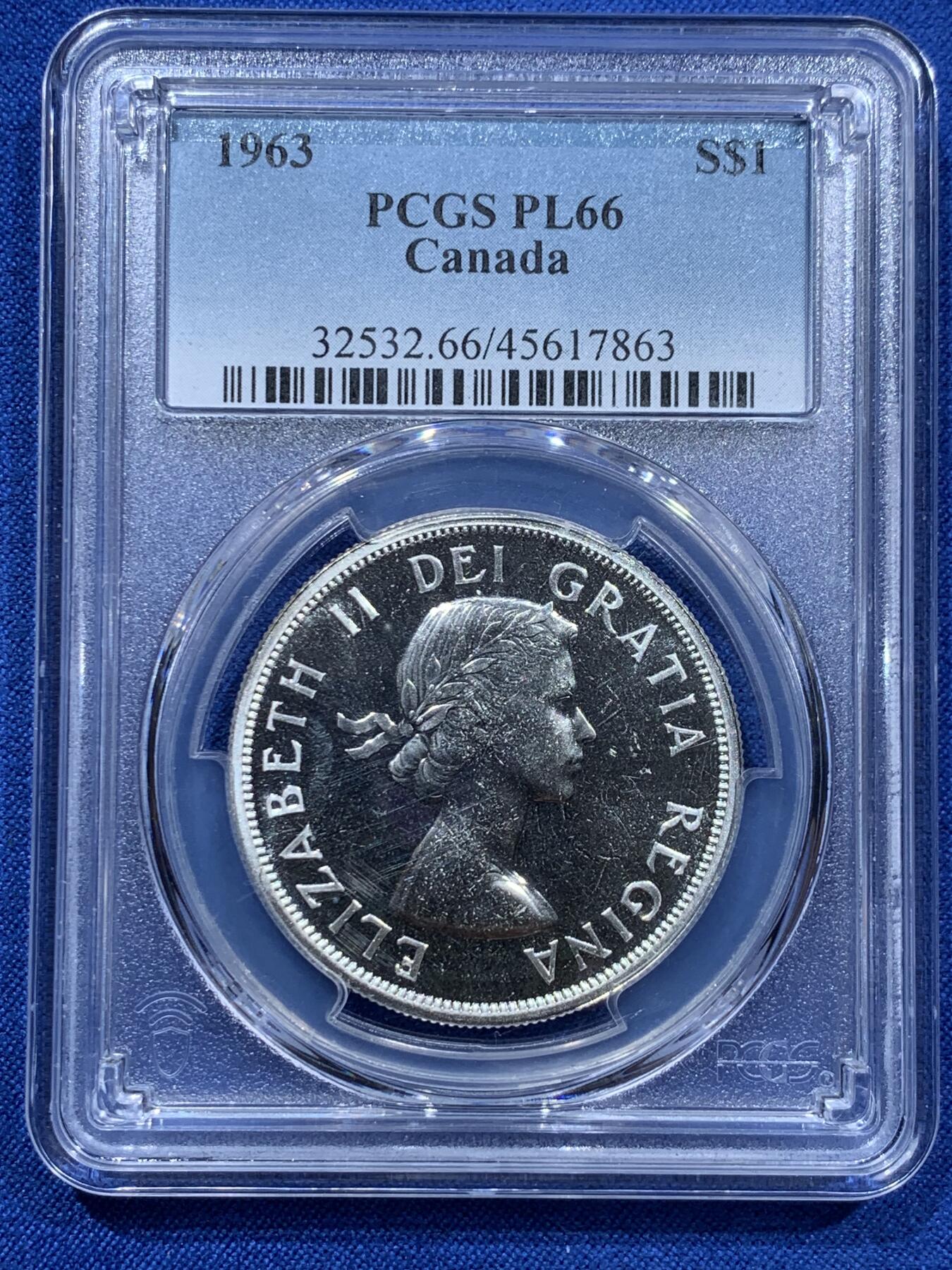 《竞宝斋》第361场 周日，周一  2场连拍 （全场包邮） PCGS PL65 加拿大1963年一元银币
