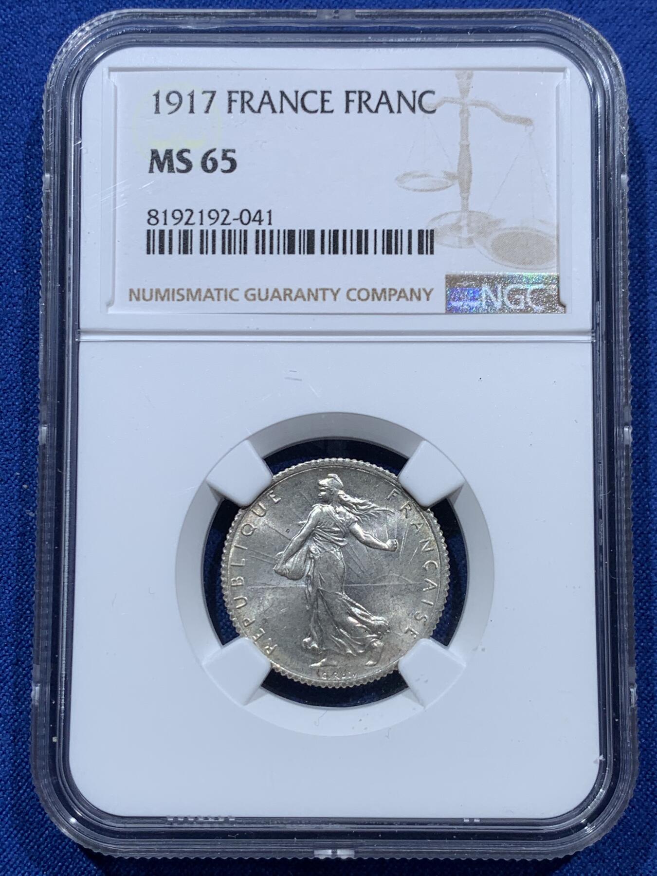 《竞宝斋》第361场 周日，周一  2场连拍 （全场包邮） 两枚一组 NGC MS65/MS61 法国播种女神银币 1917年1法郎/1918年2法郎