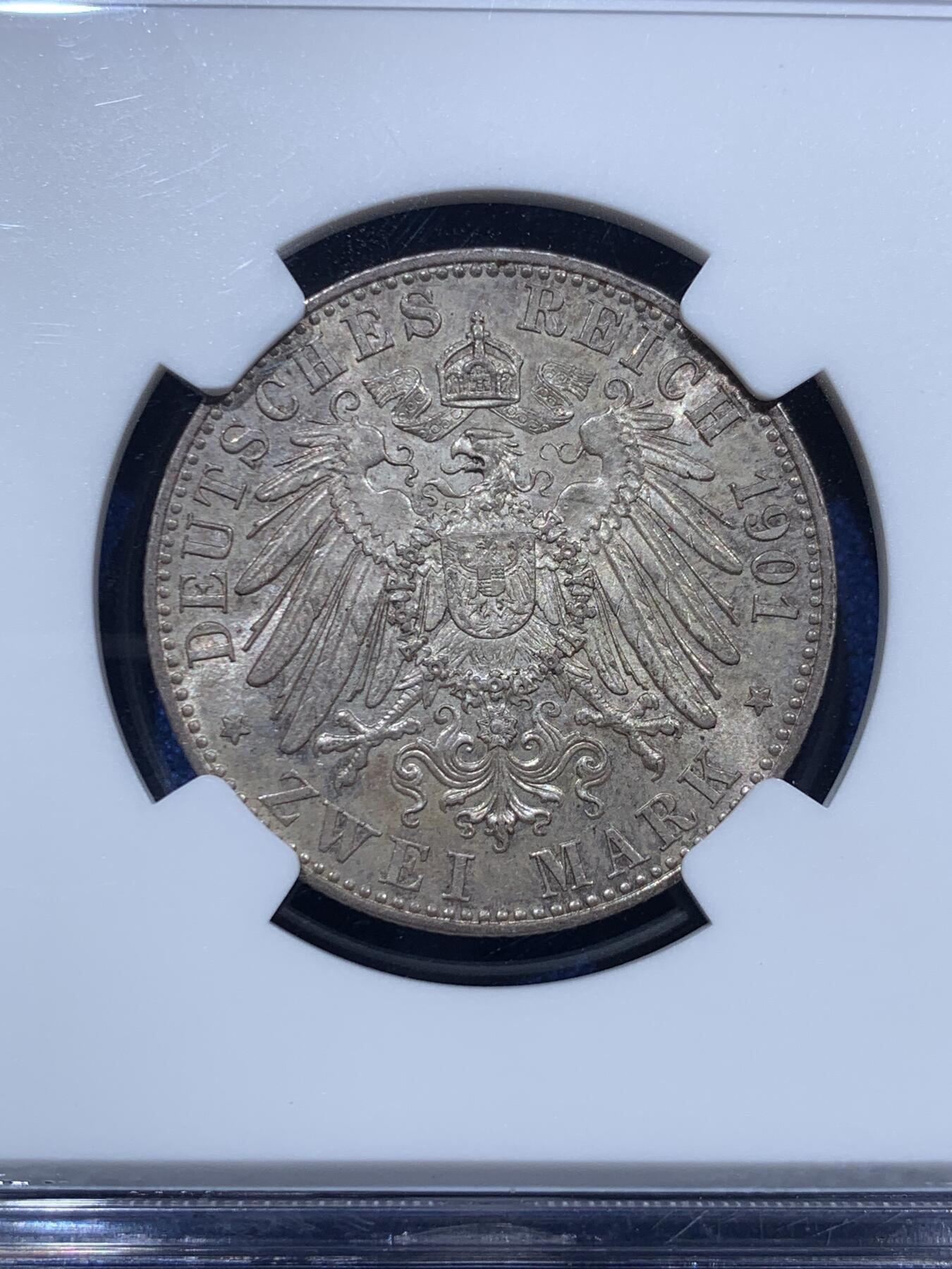 《竞宝斋》第361场 周日，周一  2场连拍 （全场包邮） NGC MS64 德国 1901年 普鲁士百年纪念2马克银币