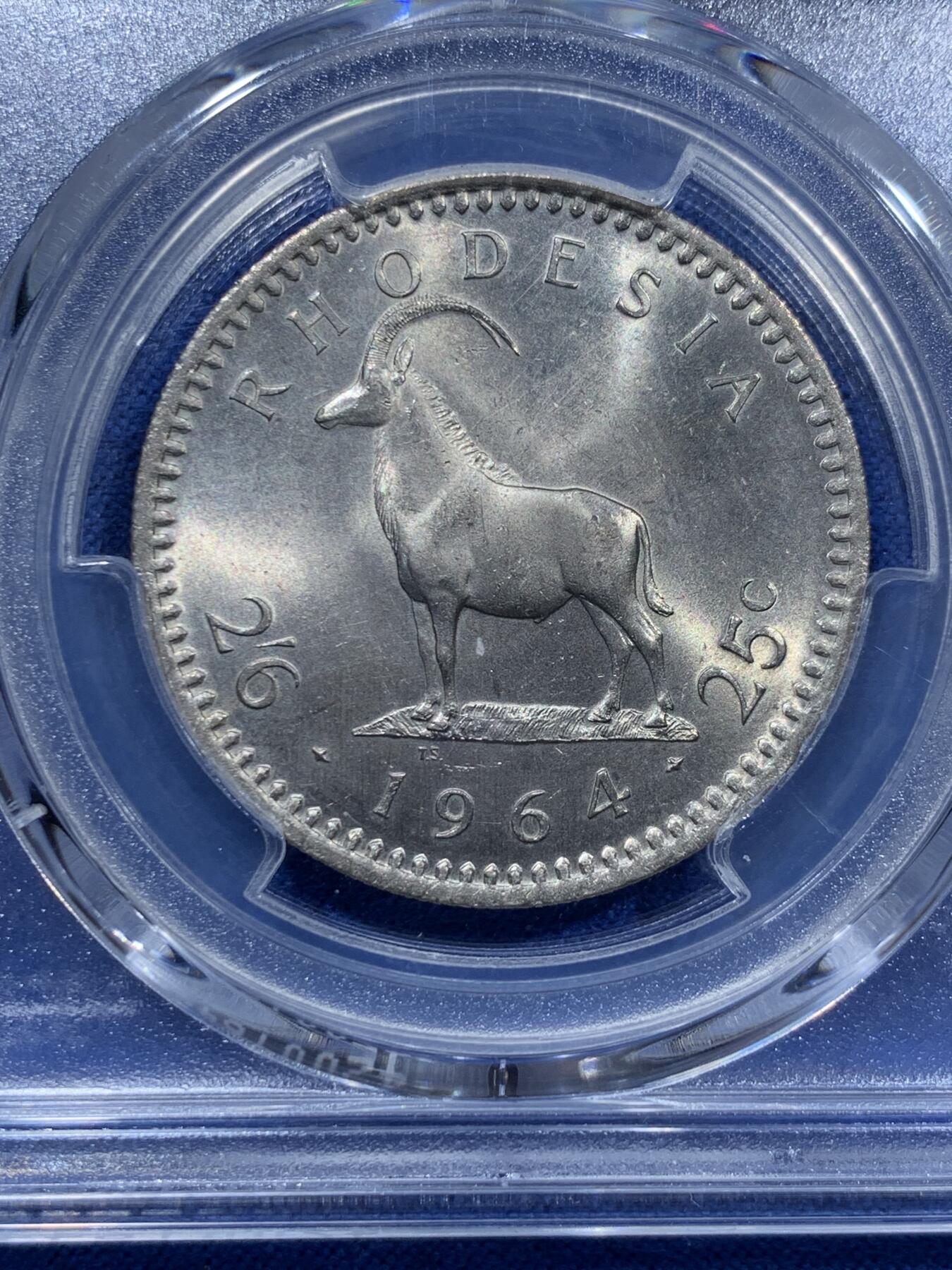 《竞宝斋》第361场 周日，周一  2场连拍 （全场包邮） PCGS MS63 英属罗德西亚 1964年 伊丽莎白二世 2.5先令镍币