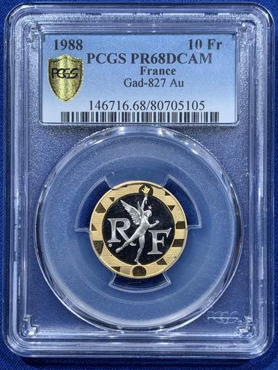 《竞宝斋》第361场 周日，周一  2场连拍 （全场包邮） - PCGS PR68DCAM 法国1988年天使10法郎双色金币 重12克，外圈920金，内芯750黄金150钯金，含黄金约10克，钯金0.9克，按贵金属价都要7000元 最后一张为成本参考图 不附带邮寄