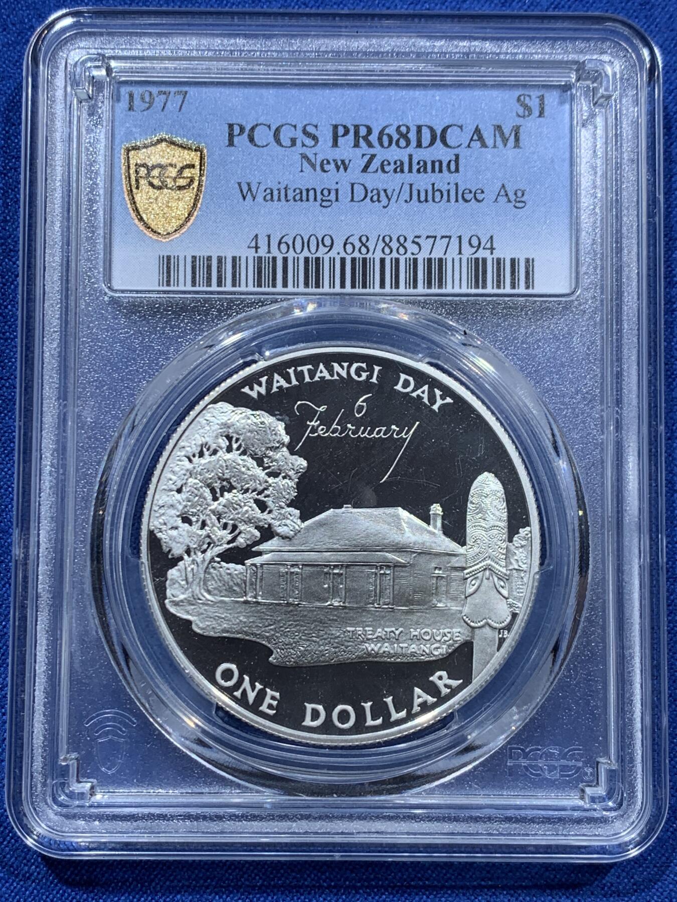《竞宝斋》第361场 周日，周一  2场连拍 （全场包邮） PCGS PR68DCAM 新西兰1977年怀唐伊日1元银币