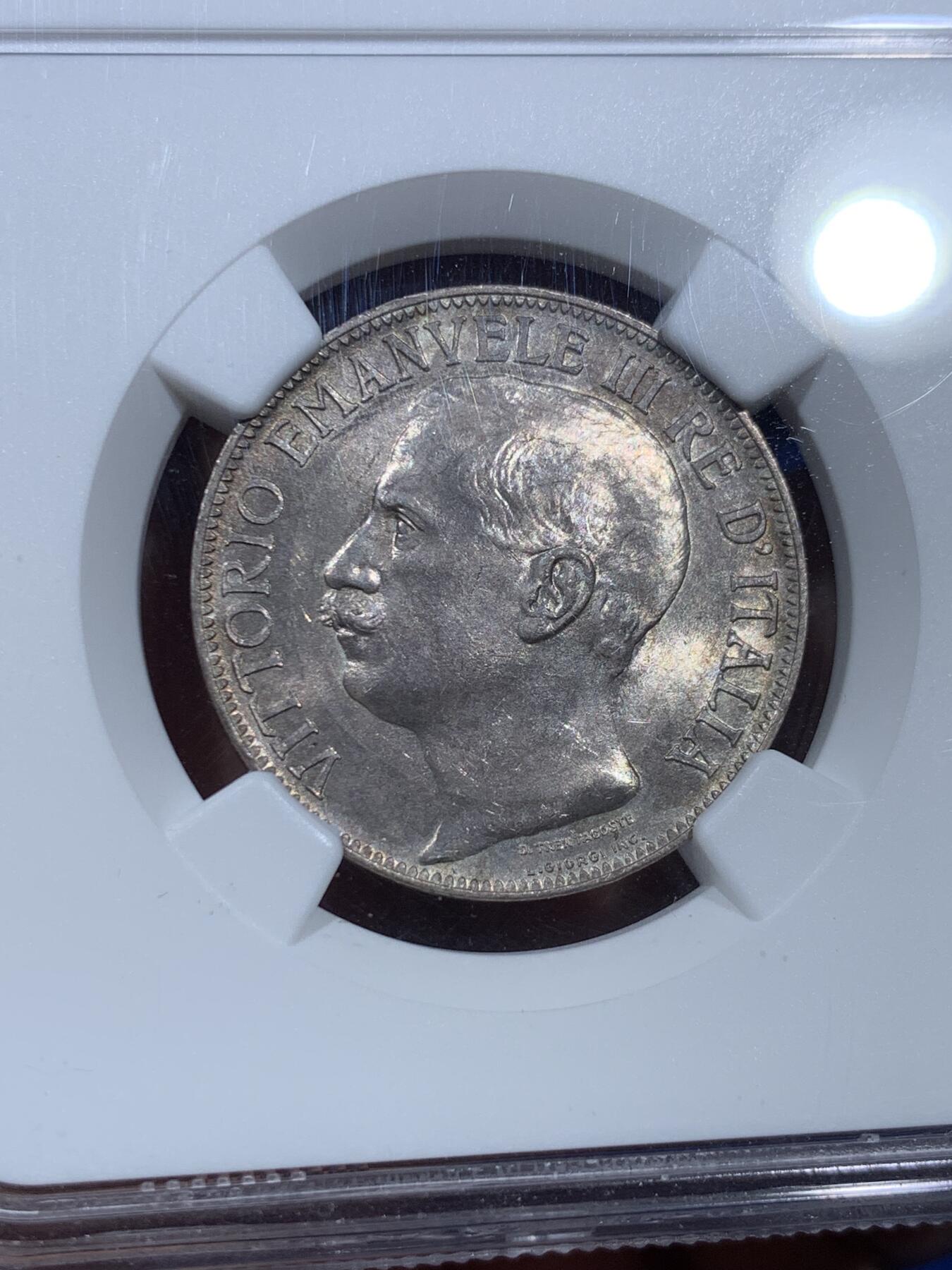 《竞宝斋》第361场 周日，周一  2场连拍 （全场包邮） NGC MS62 意大利 1911年 建国50周年 2里拉银币 上MS不容易