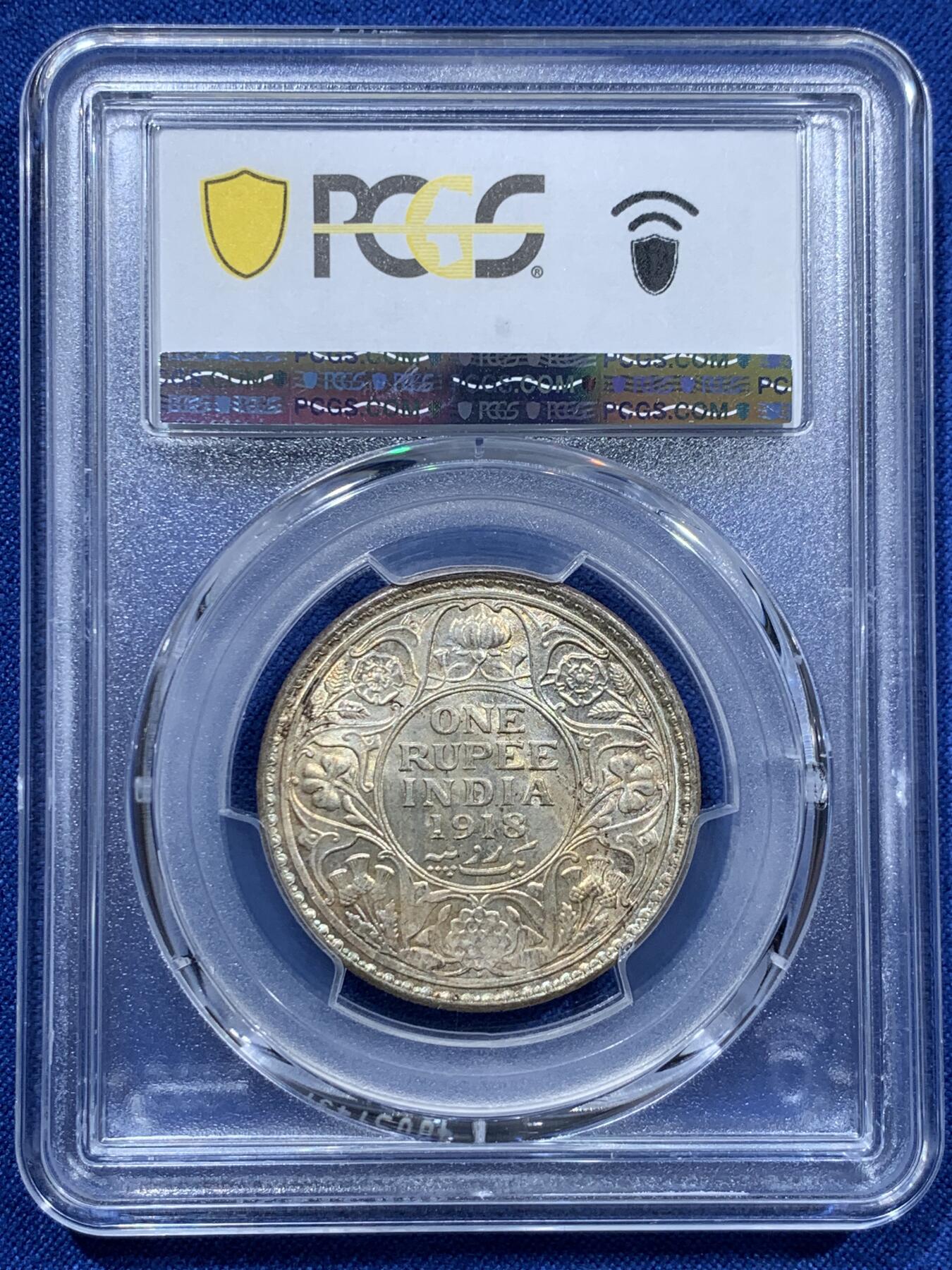 《竞宝斋》第361场 周日，周一  2场连拍 （全场包邮） PCGS MS64 英属印度 1918年 乔治五世 1卢比 银币