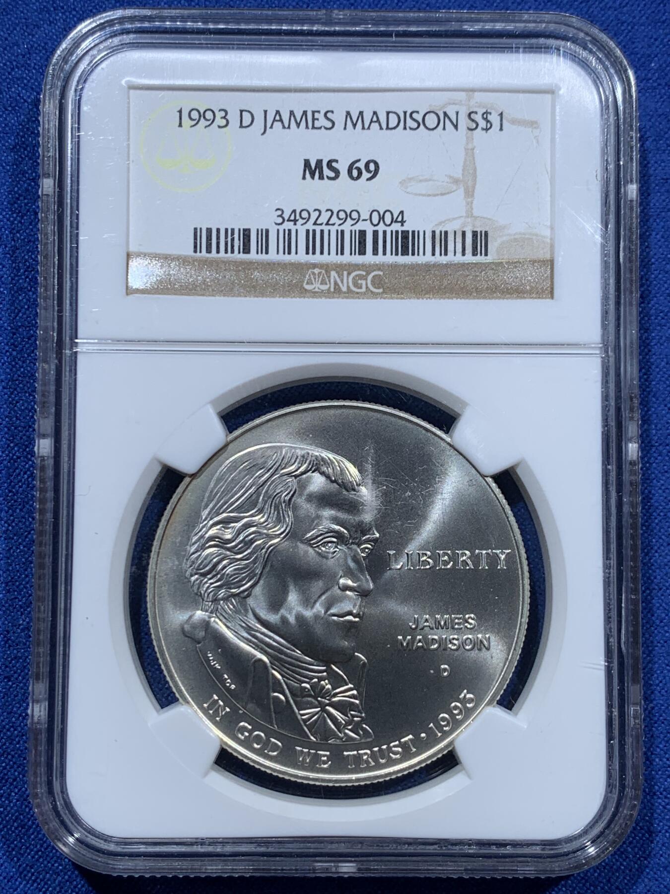 《竞宝斋》第361场 周日，周一  2场连拍 （全场包邮） NGC MS69 美国1993年麦迪逊总统1美元银币，美国第4任总统，美国“宪法之父”詹姆斯·麦迪逊，币面清爽干净又漂亮，状态极佳。