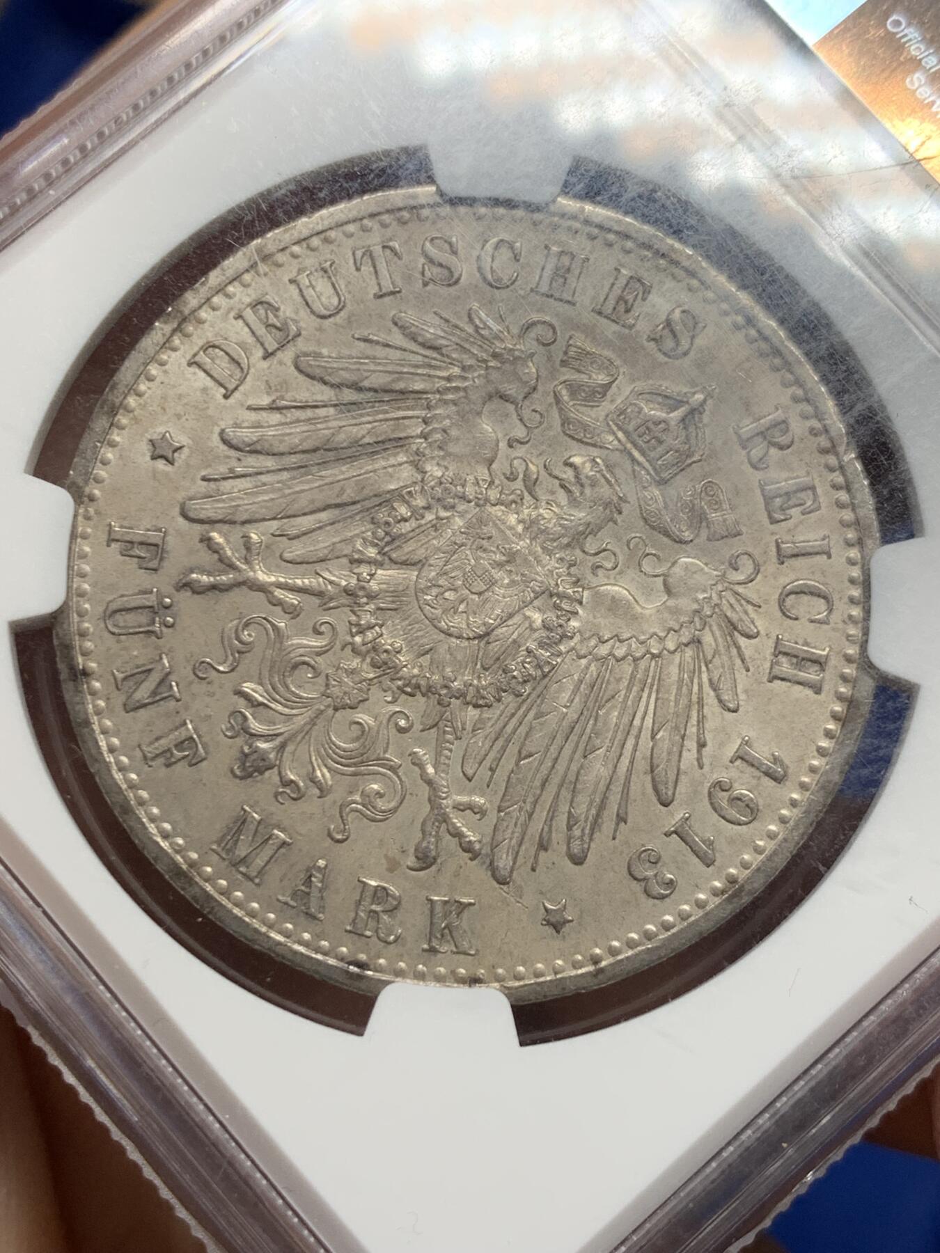 《竞宝斋》第361场 周日，周一  2场连拍 （全场包邮） NGC MS62 德国1913年威廉二世军装5马克银币 状态不错