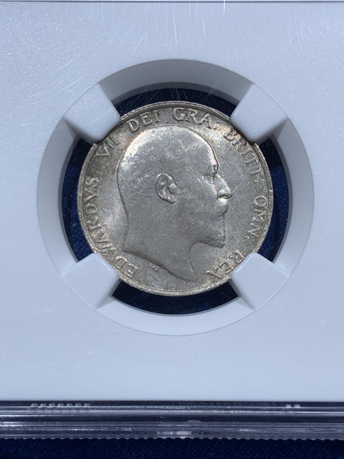 《竞宝斋》第361场 周日，周一  2场连拍 （全场包邮） NGC MS63 英国1910年爱德华七世站狮1先令银币，环彩丝滑，银光流畅。爱七关门年份，不多见的品种，63分参考价150美元