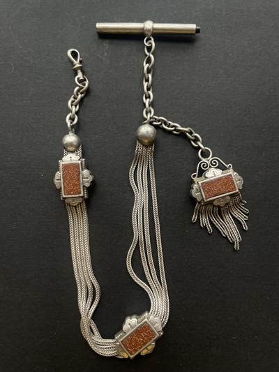 海外回流精品专场（鸽子请绕行） - 法国回流珐琅彩纯银怀表链 长31.5cm，重49.4g。