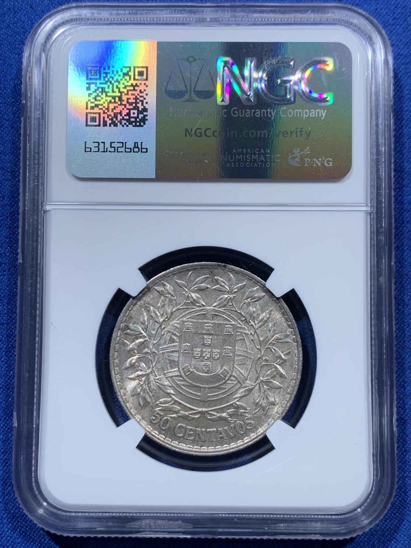 《竞宝斋》第361场 周日，周一  2场连拍 （全场包邮） NGC MS62 葡萄牙1916年自由女神50分银币