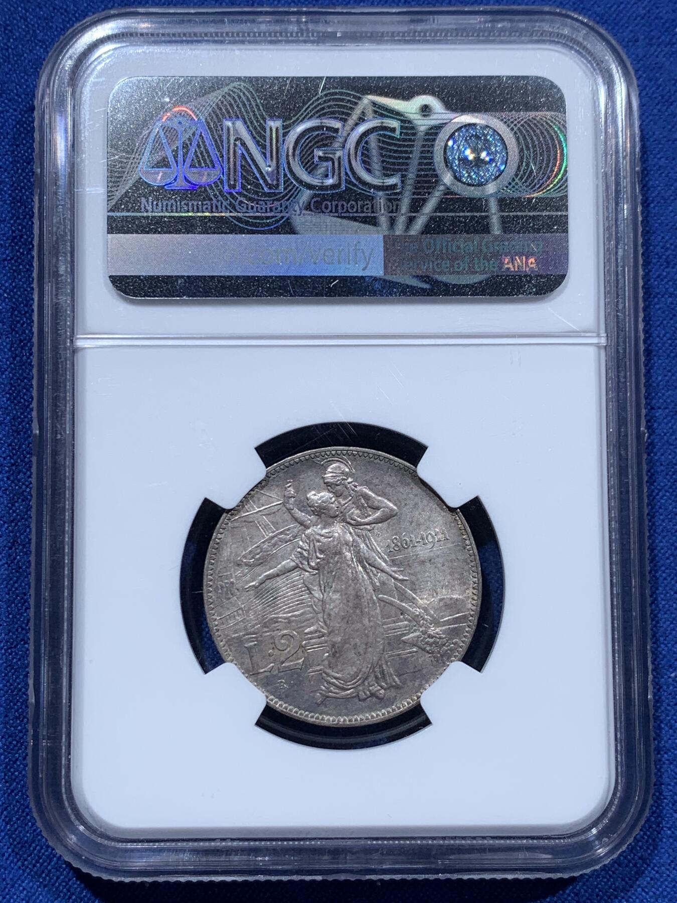 《竞宝斋》第361场 周日，周一  2场连拍 （全场包邮） NGC MS62 意大利 1911年 建国50周年 2里拉银币 上MS不容易