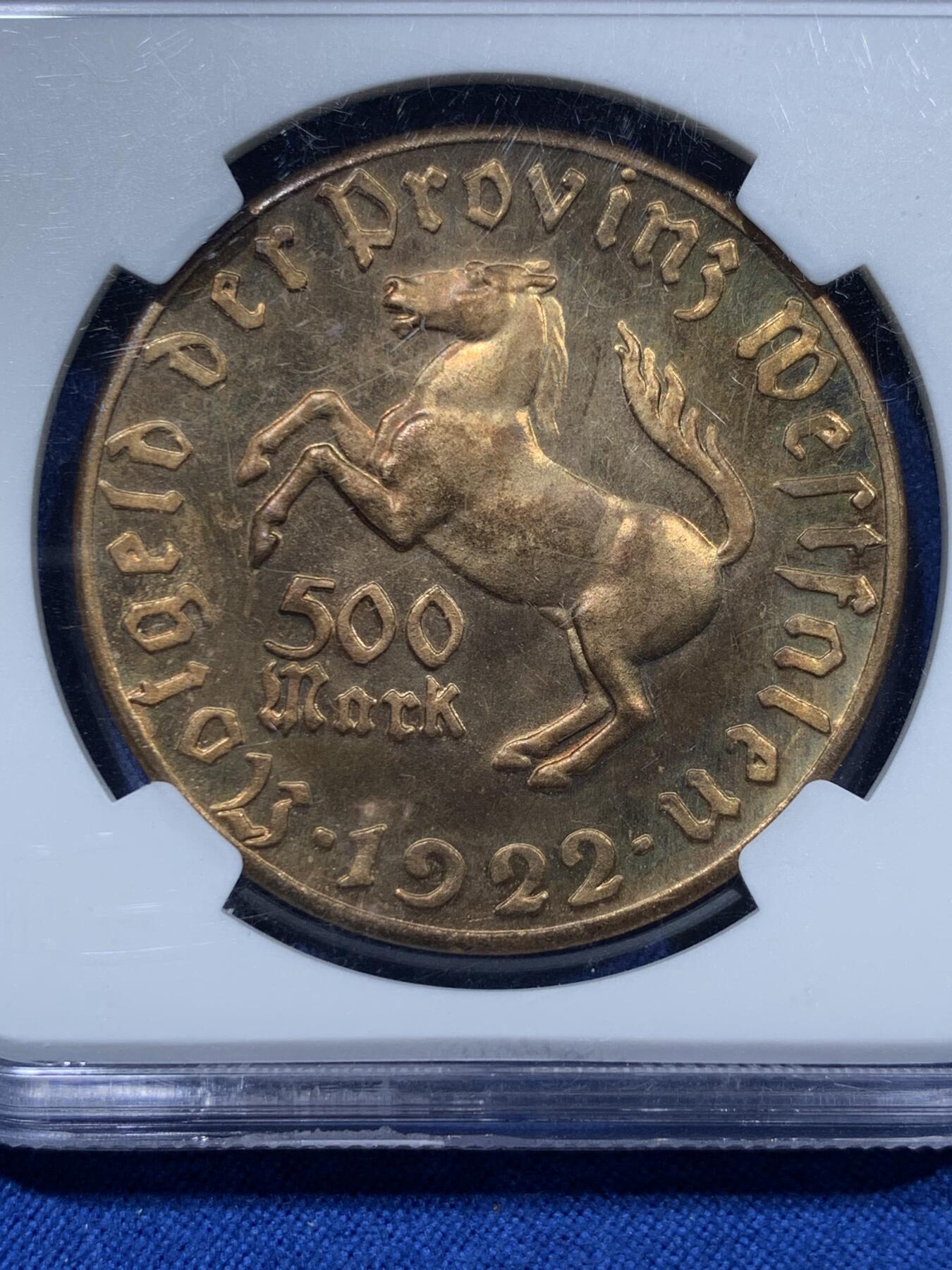 《竞宝斋》第361场 周日，周一  2场连拍 （全场包邮） NGC MS64 德国 1922年 威斯特伐利亚500马克镀金铜币
