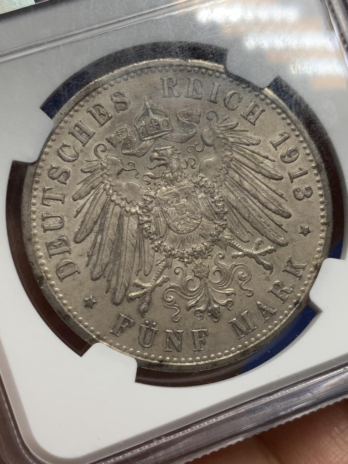 《竞宝斋》第361场 周日，周一  2场连拍 （全场包邮） NGC MS62 德国1913年威廉二世军装5马克银币 状态不错