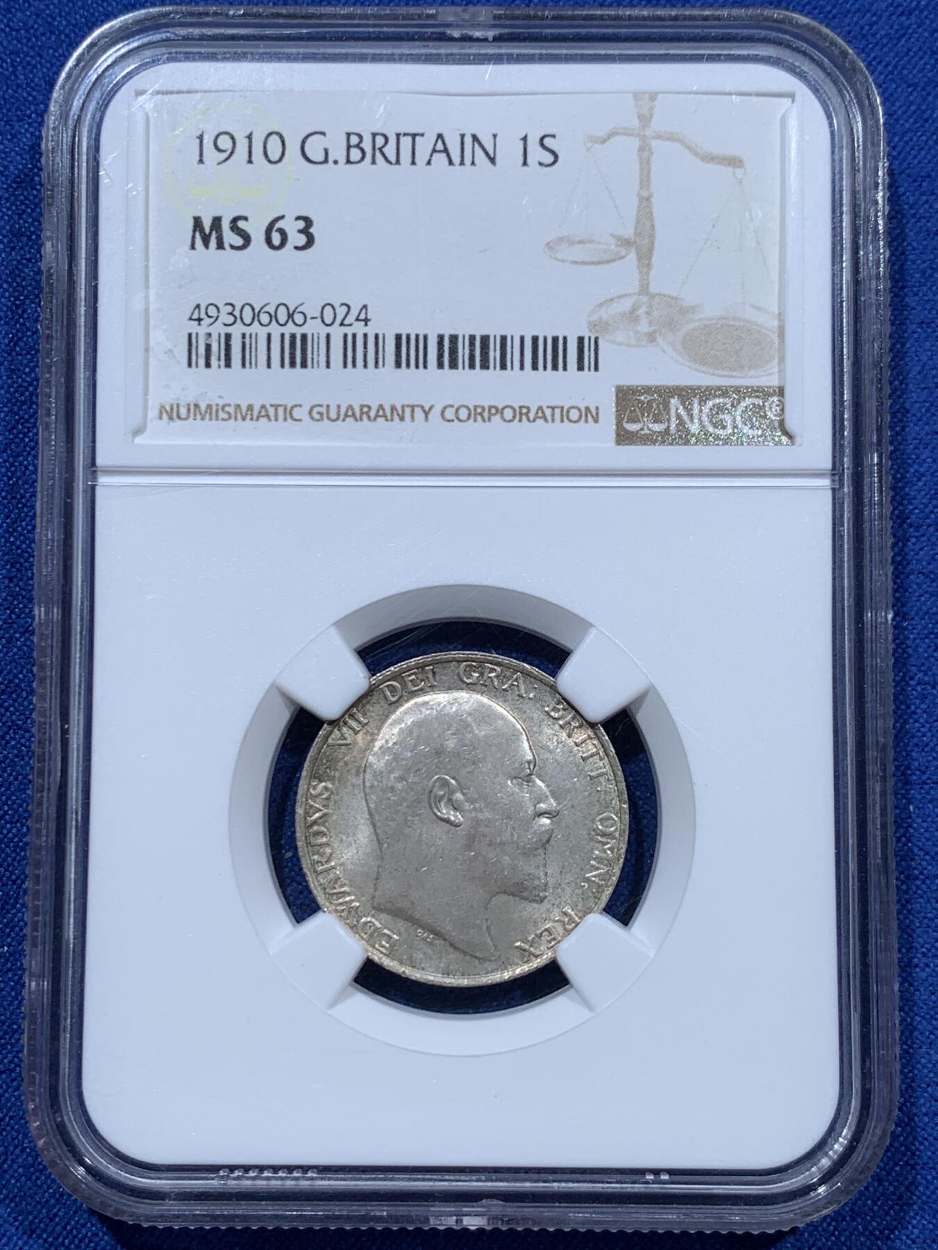 《竞宝斋》第361场 周日，周一  2场连拍 （全场包邮） NGC MS63 英国1910年爱德华七世站狮1先令银币，环彩丝滑，银光流畅。爱七关门年份，不多见的品种，63分参考价150美元