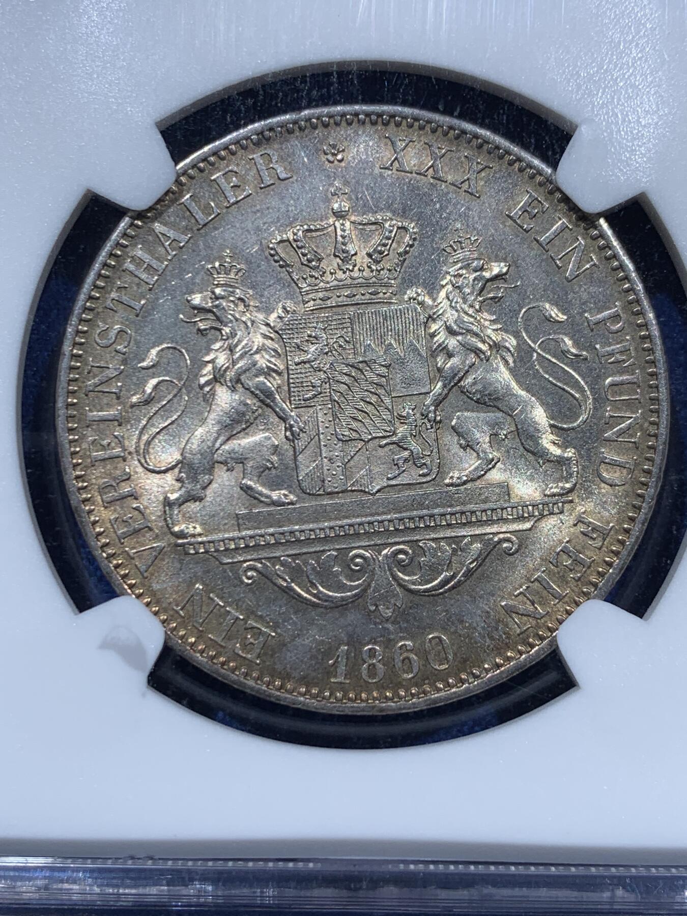 《竞宝斋》第361场 周日，周一  2场连拍 （全场包邮） 亚军分 NGC MS64 德国 1860 巴伐利亚 双狮泰勒银币 高分高细节 包浆纯正 收藏级状态