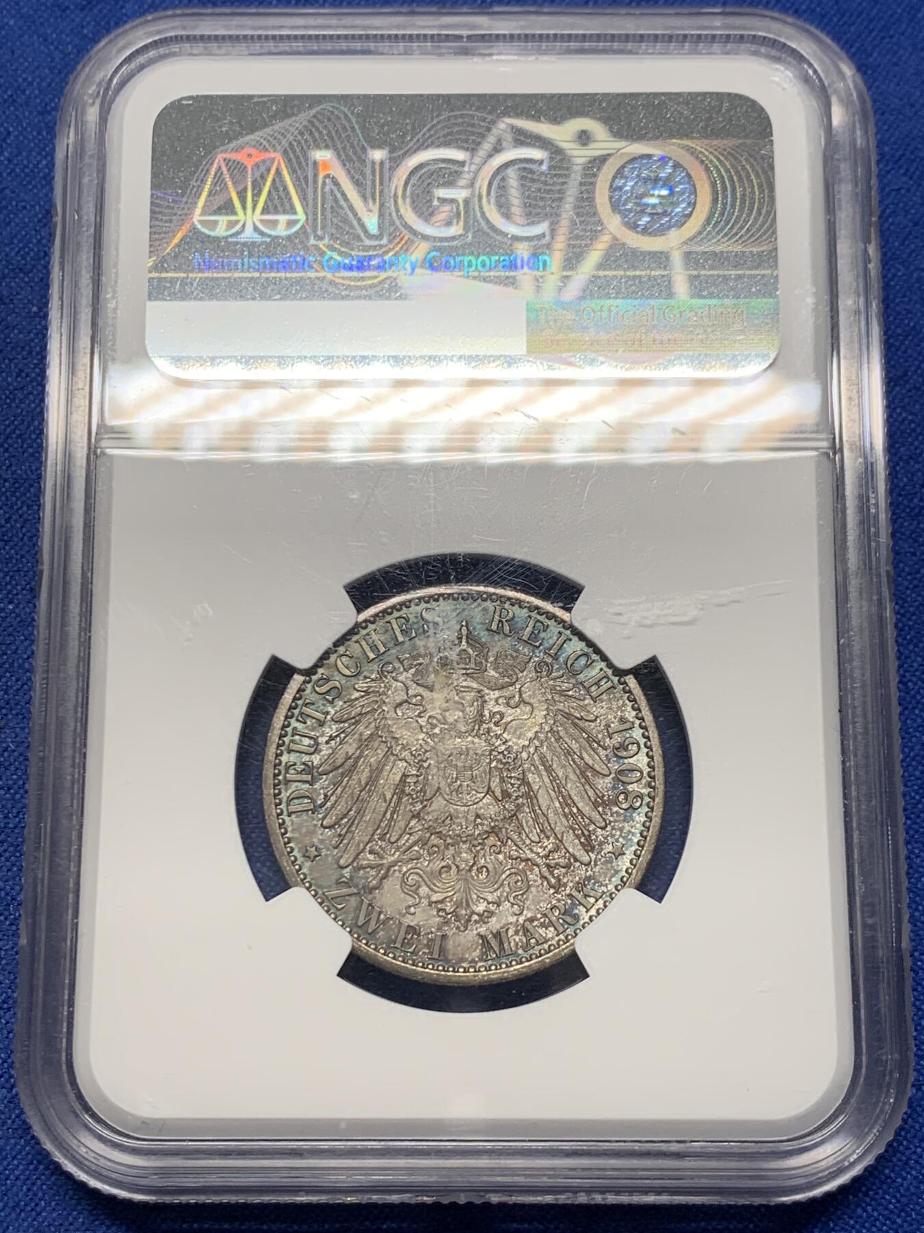 《竞宝斋》第361场 周日，周一  2场连拍 （全场包邮） NGC UNC 德国 1908年 耶拿大学400周年2马克银币 五彩包浆