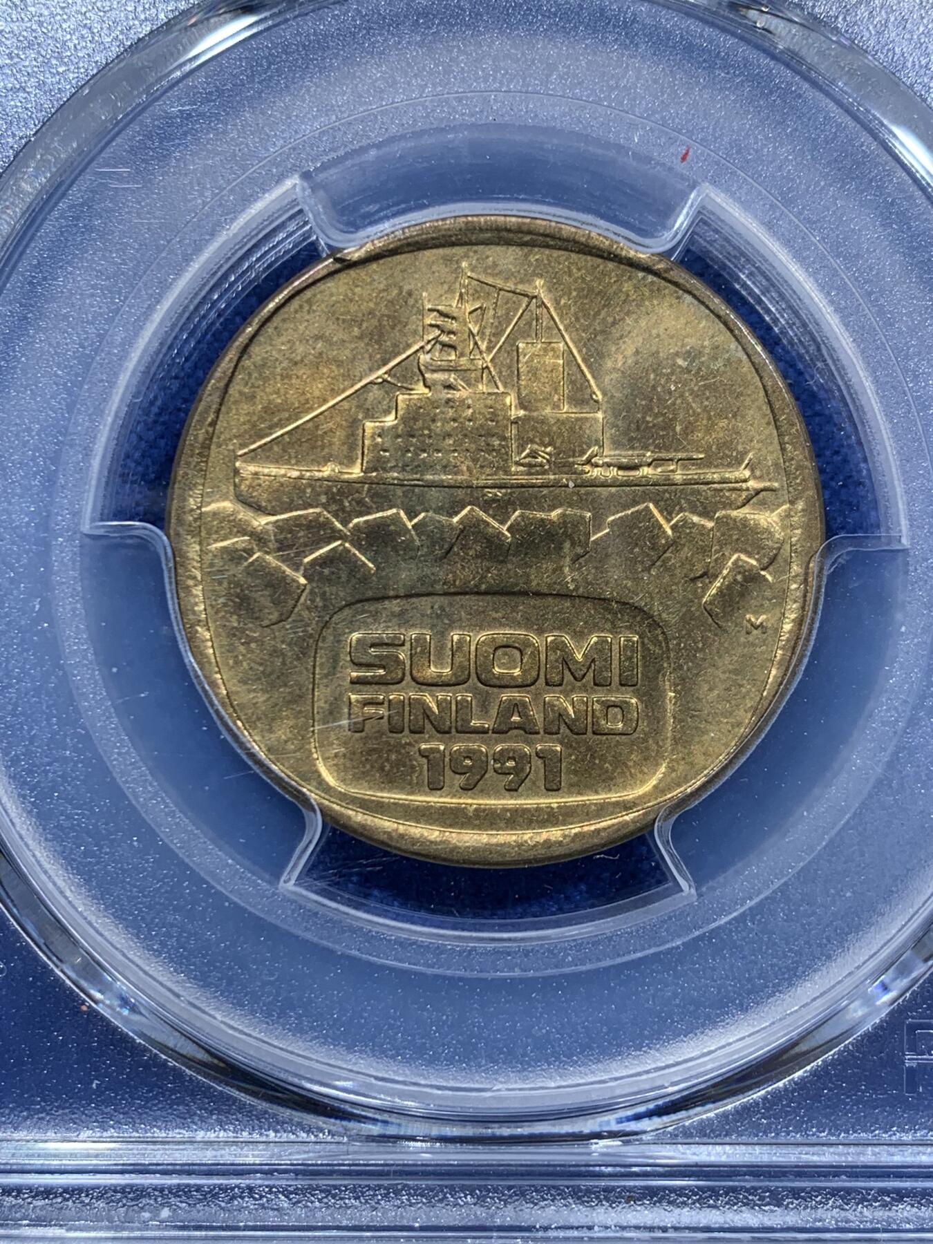 《竞宝斋》第361场 周日，周一  2场连拍 （全场包邮） PCGS MS65 芬兰1991年5马克破冰船，此品种好品很少见，唯一的冠军分！喜欢的不要错过了！