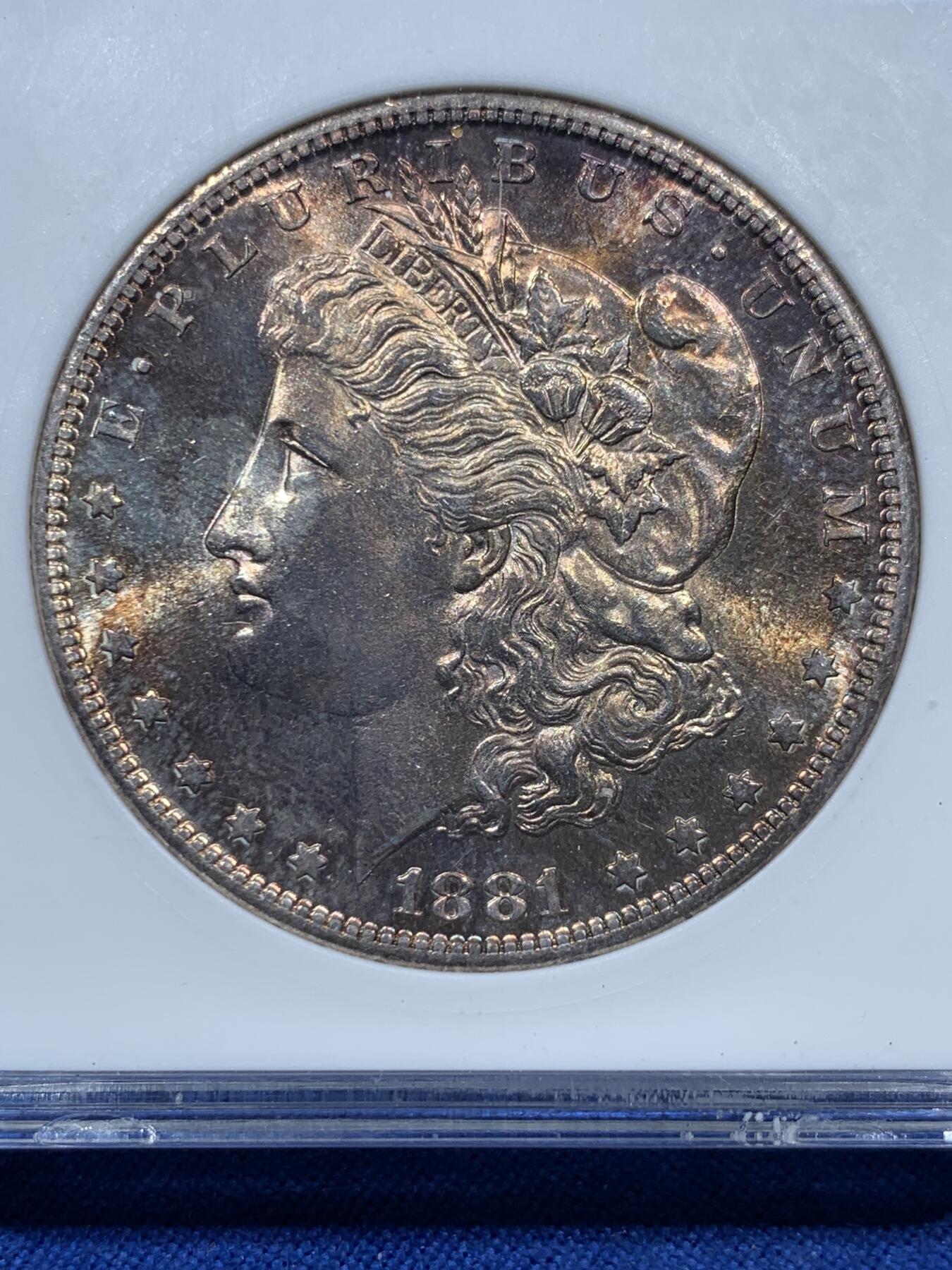 《竞宝斋》第361场 周日，周一  2场连拍 （全场包邮） ANACS MS64 美国 1881-S 摩根 OH 鹰面环状鲜红包浆 赏心悦目