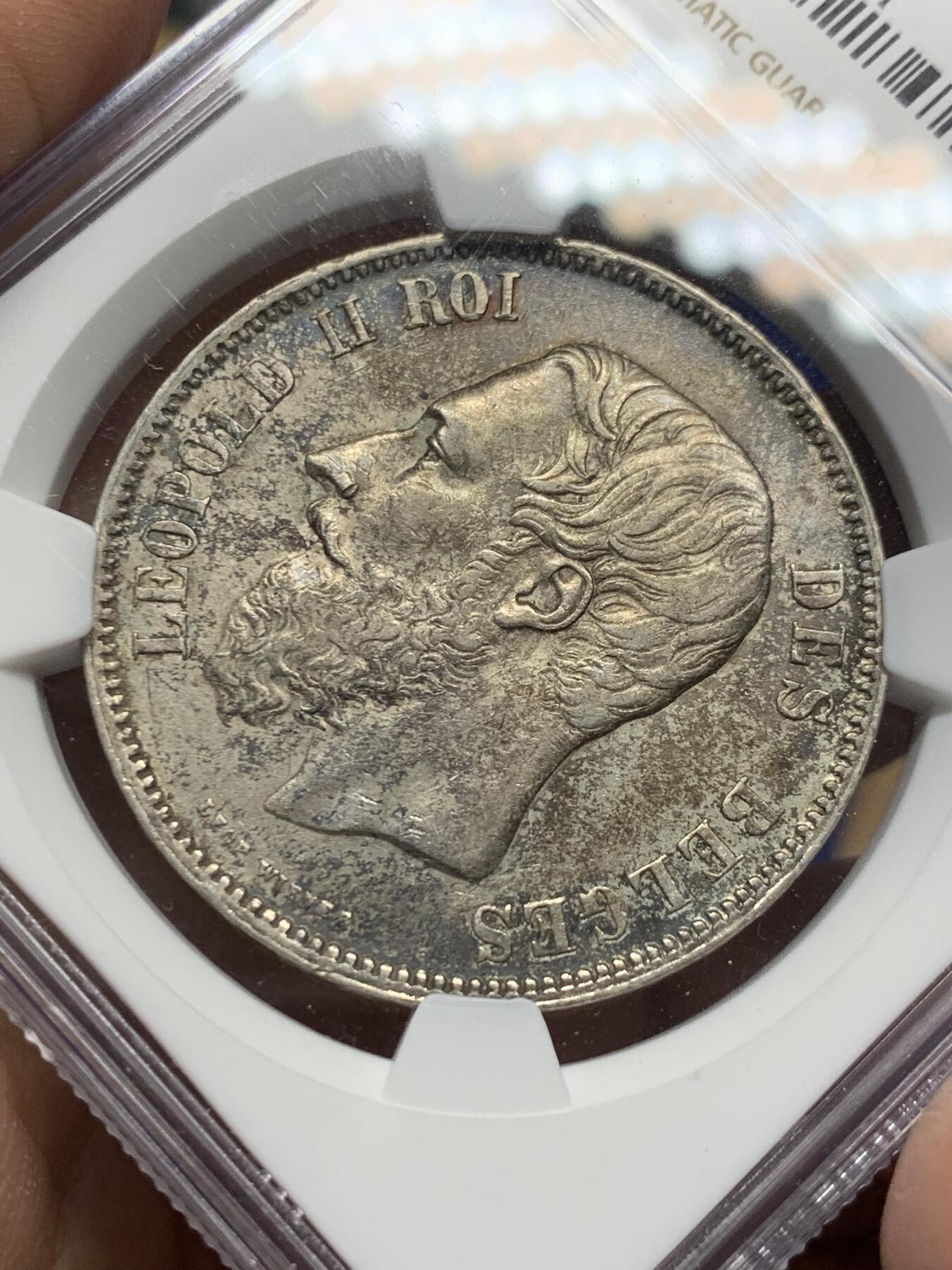 《竞宝斋》第361场 周日，周一  2场连拍 （全场包邮） NGC AU55 比利时 1869年利奥波德二世 5法郎银币