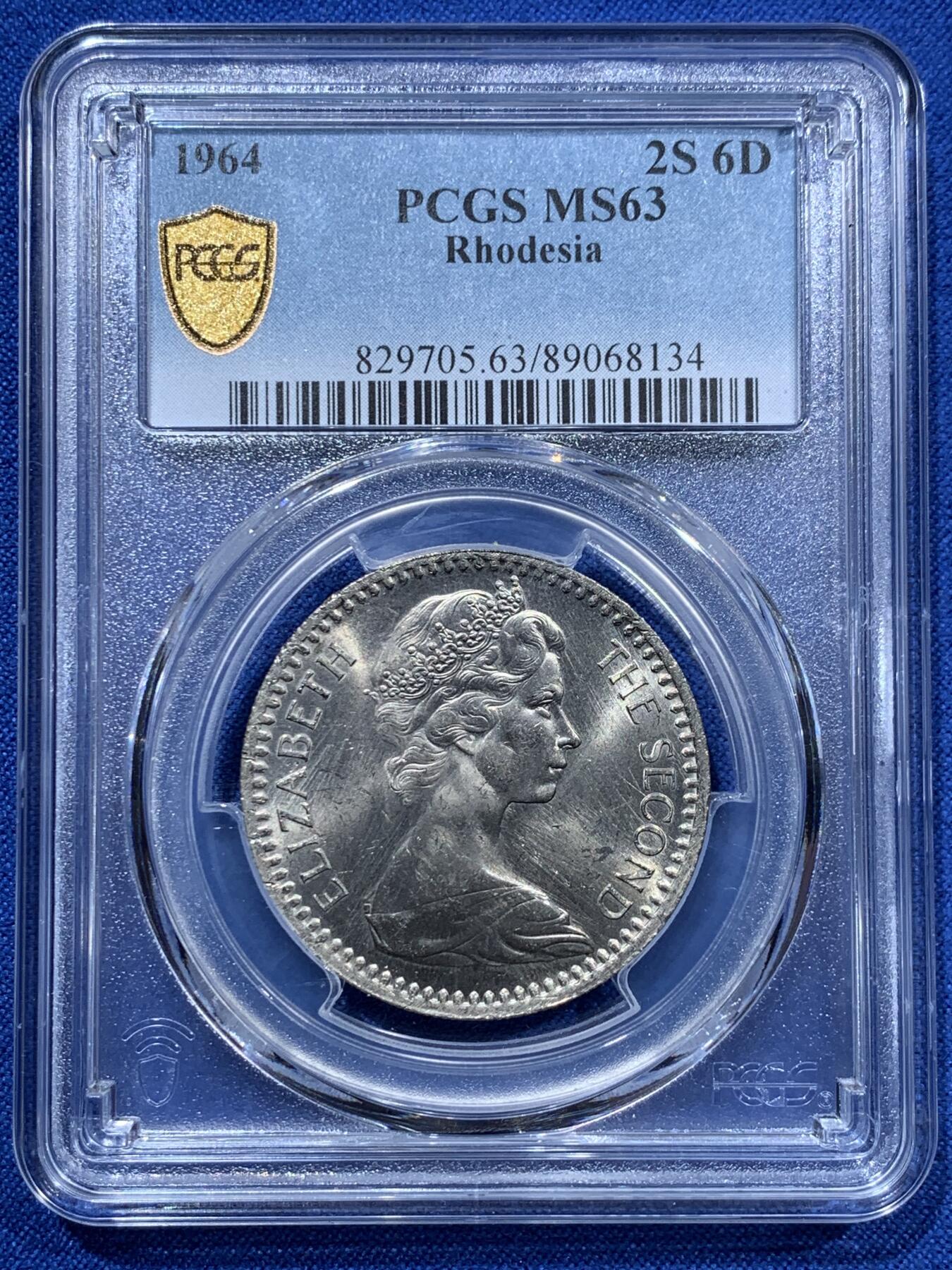 《竞宝斋》第361场 周日，周一  2场连拍 （全场包邮） PCGS MS63 英属罗德西亚 1964年 伊丽莎白二世 2.5先令镍币