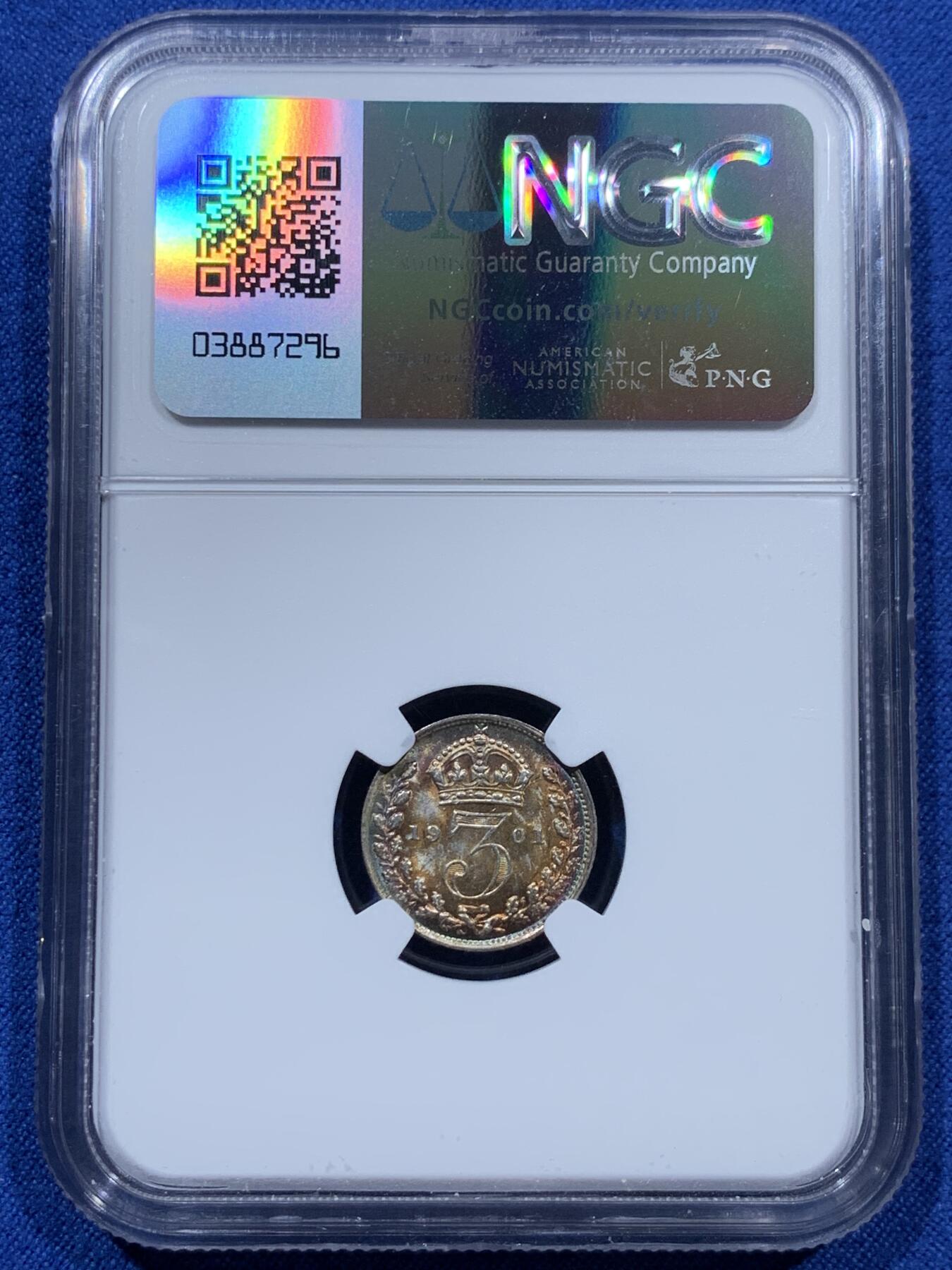 《竞宝斋》第361场 周日，周一  2场连拍 （全场包邮） NGC MS63 英国1901年老维3便士银币 单面深彩包浆