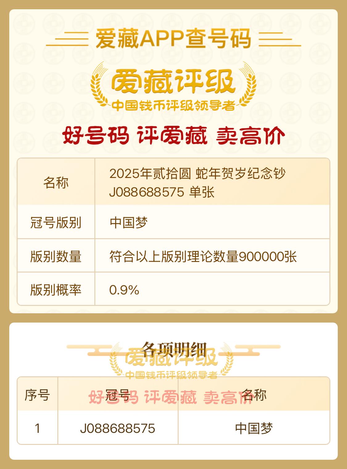 2025年蛇年贺岁纪念钞，20元面值，全新稀号J088688575的中国梦版本