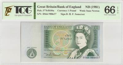 PThappally收藏第46次拍卖，英联邦地区硬币纸币 - 英国 年份 1981, 全新的 1 Pound 纸币 克劳斯目录编码 377b 签名 D.H.F. Somerset 认证于 TQG 66 EPQD Gem UNC