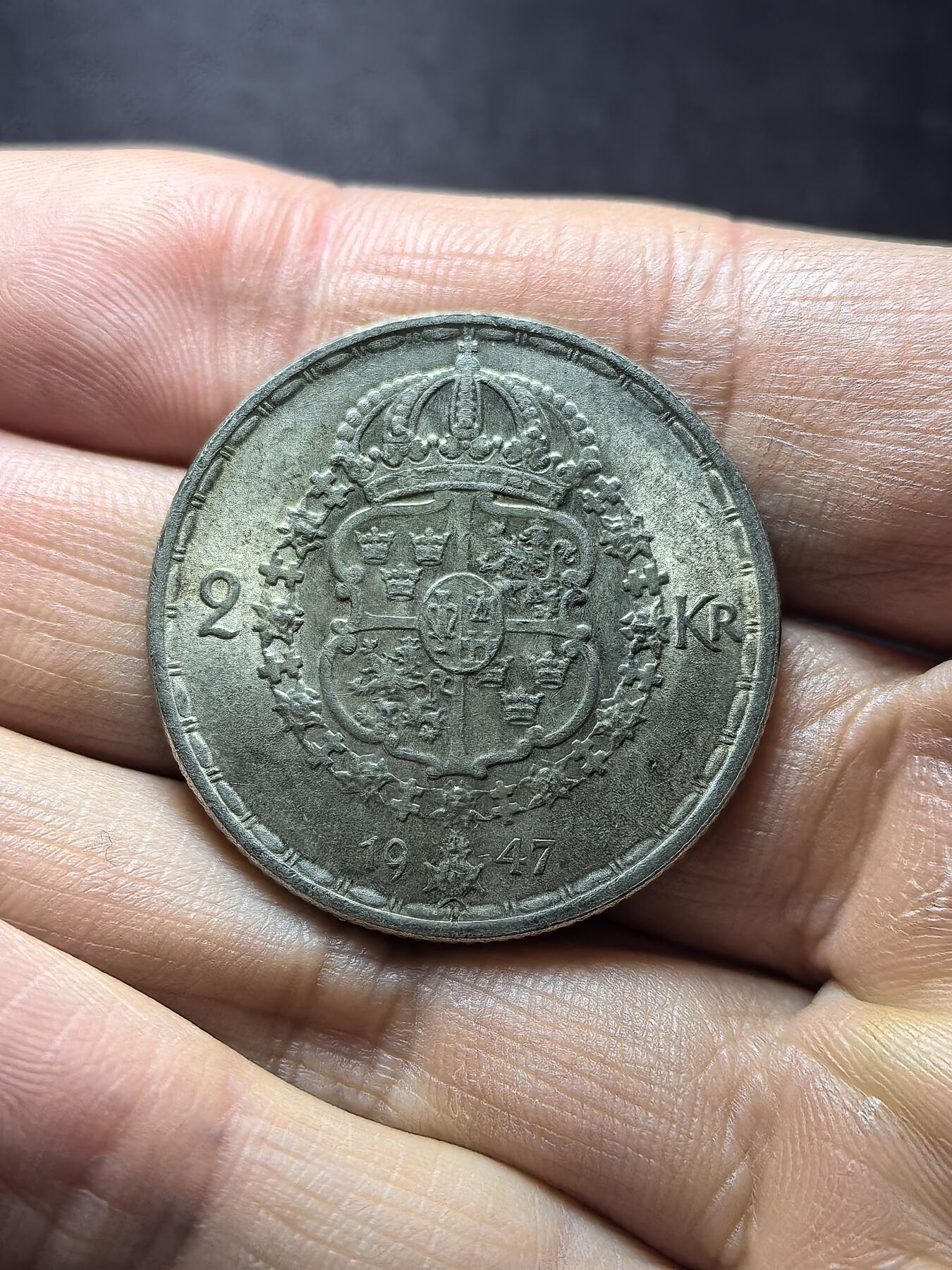 南宋泉阁俄币 外币 国币 专场第七期 瑞典 1947年 古斯塔夫五世2克朗银币 极品双面转光 银霜感强