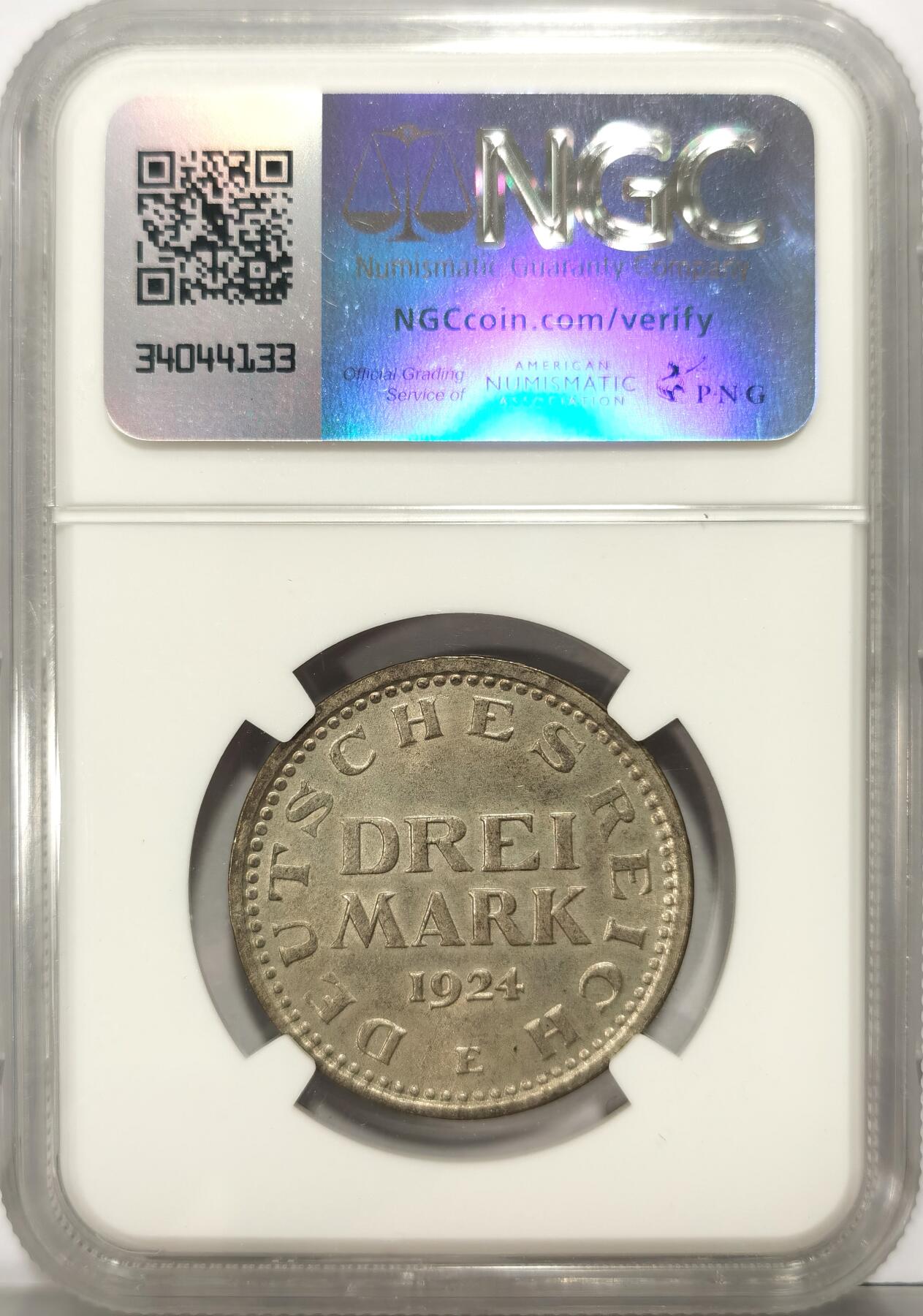 博洋堂世界钱币拍卖第114期（全场包邮） NGC MS64 德国魏玛共和国1924年3马克银币 E厂少见 NGC冠军分