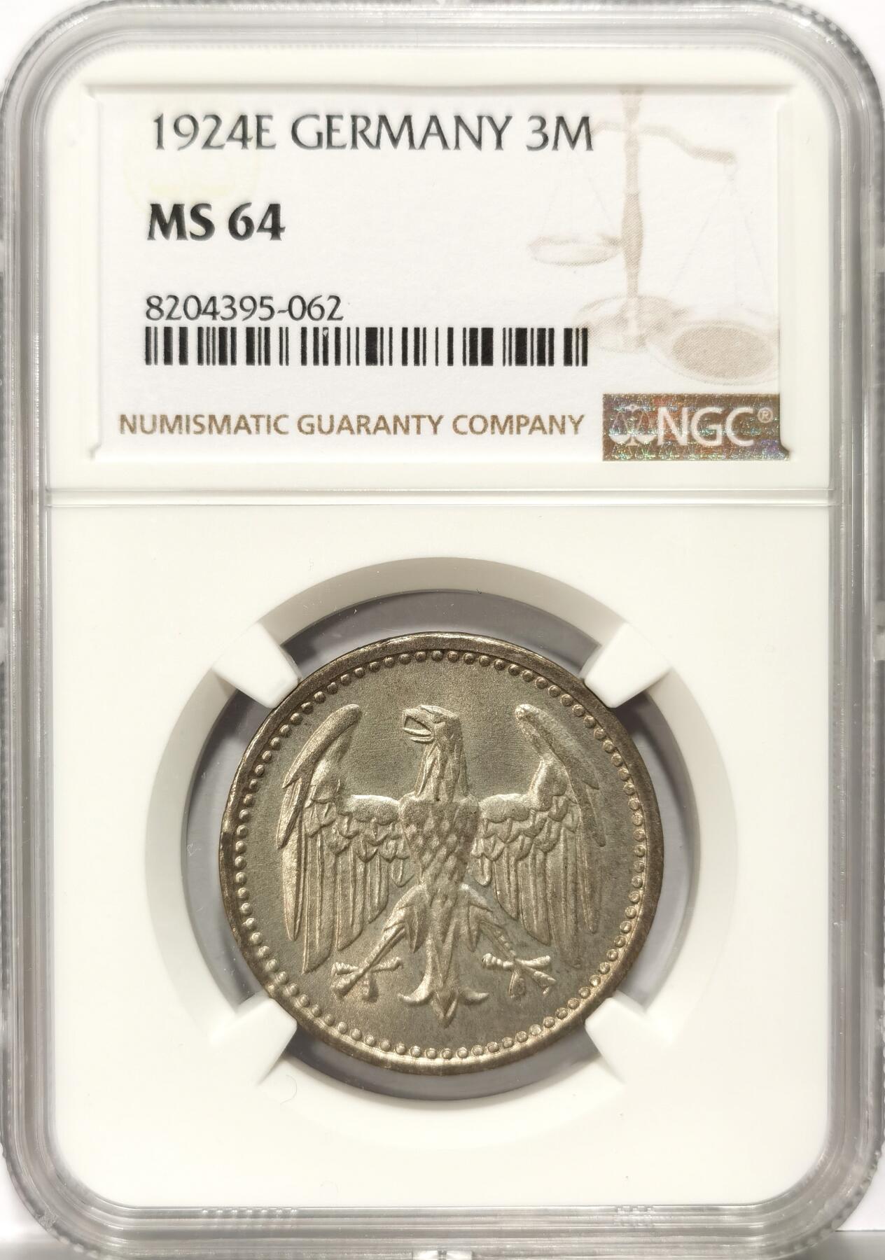 博洋堂世界钱币拍卖第114期（全场包邮） NGC MS64 德国魏玛共和国1924年3马克银币 E厂少见 NGC冠军分