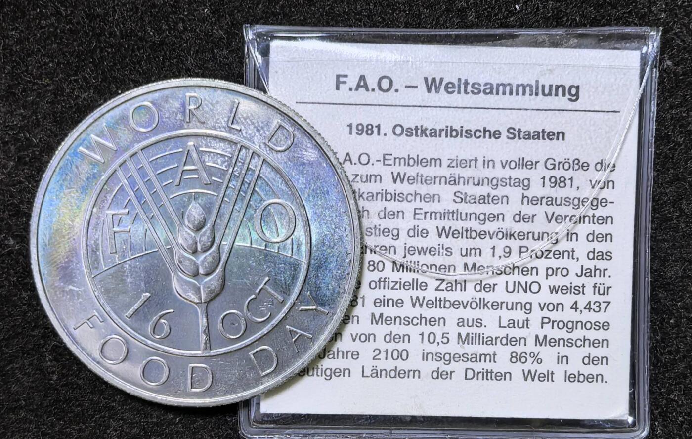 北京马甸外国币专卖第136期，外国币专场，陆续上拍，欢迎关注 FAO 东加勒比1981年10元 粮农组织纪念币 38mm铜镍克朗硬币钱币