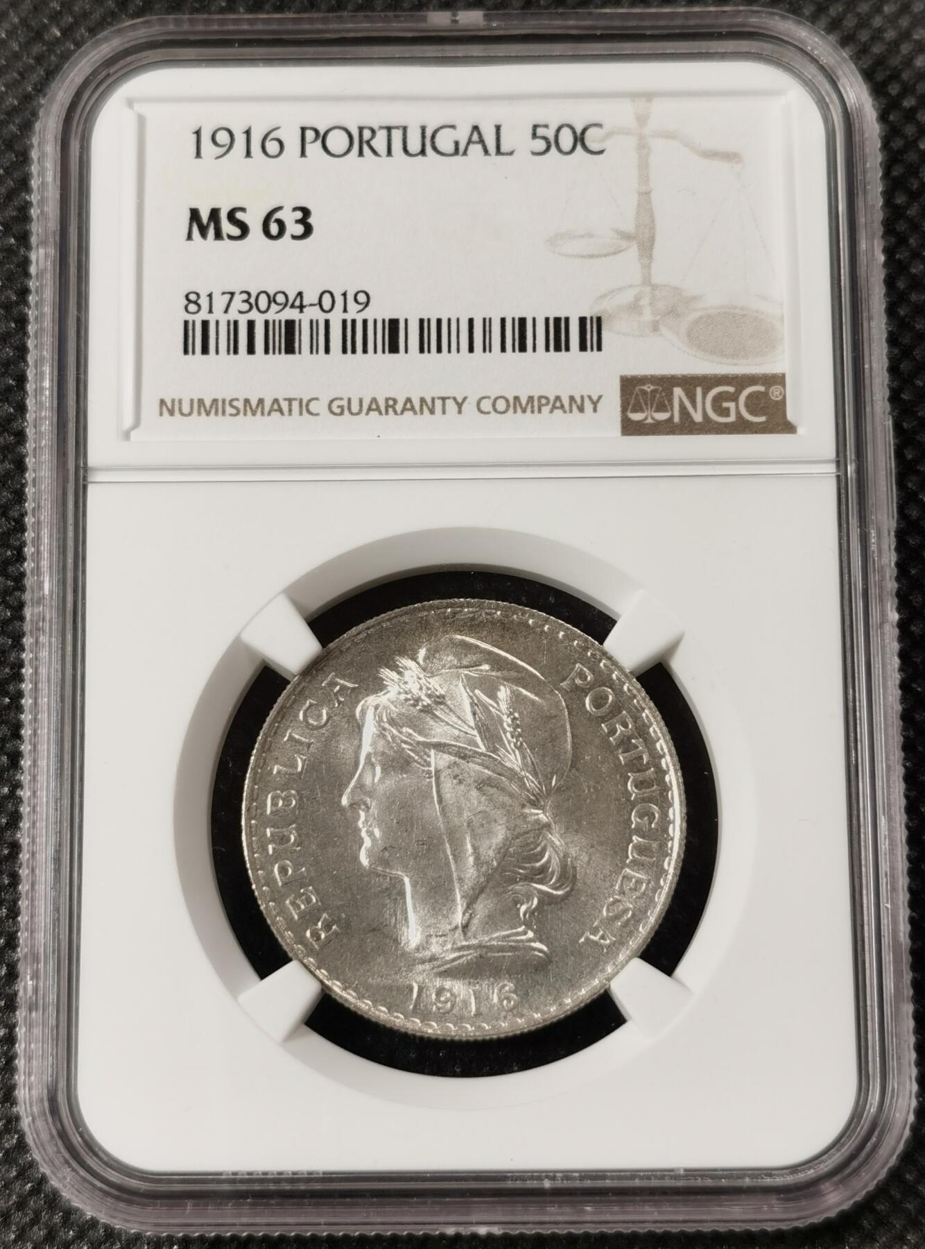 甄臻铺-世界钱币拍卖（第8期）新铺开张，欢迎捧场 NGC-MS63 1916年葡萄牙女神50分，极美车轮光，历史韵味厚重