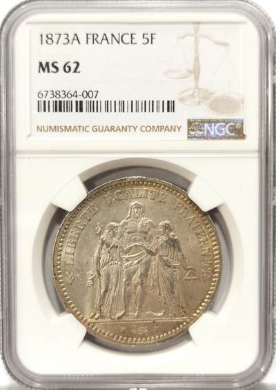博洋堂“生趣盎然”4月精品专场暨第169期（全场包邮） NGC MS62 法国1873年大力神5法郎大银币