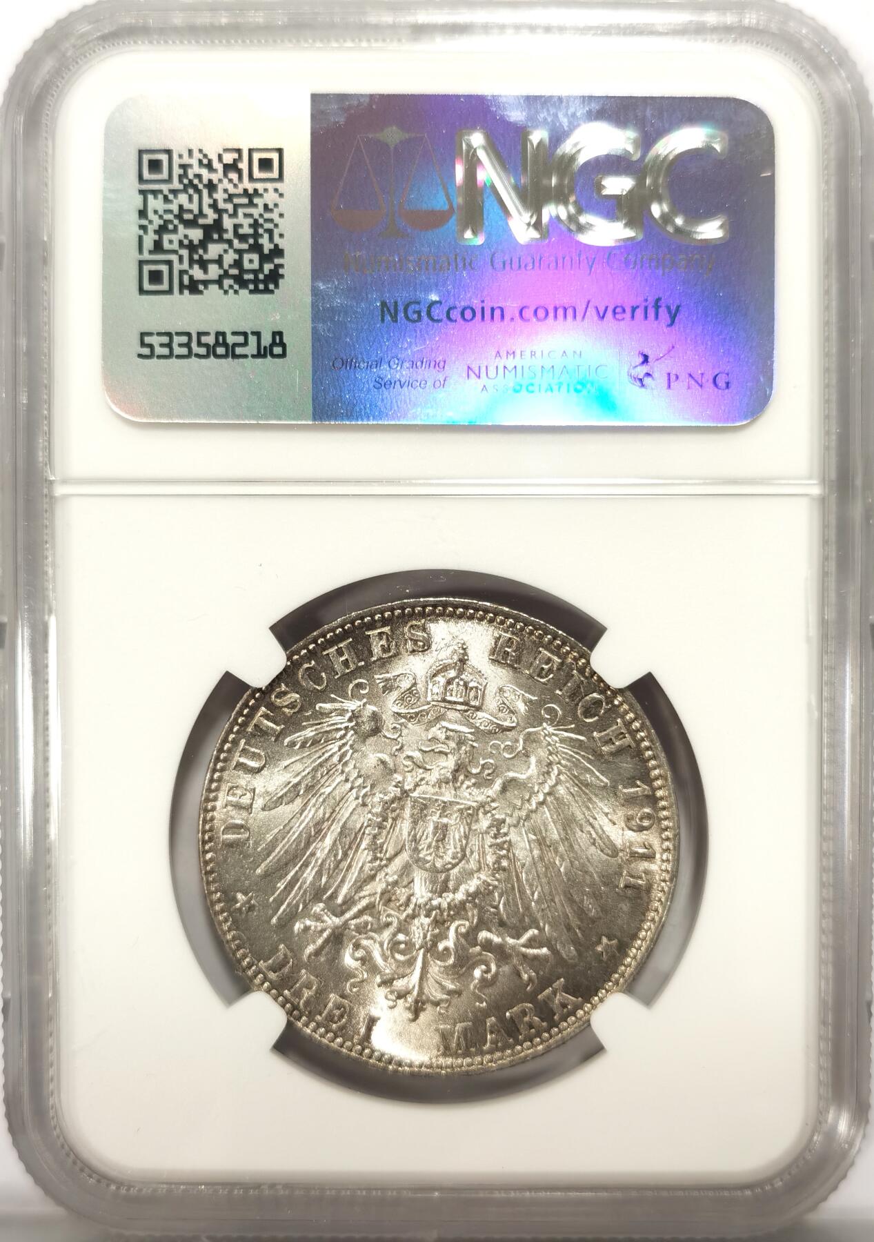 博洋堂世界钱币拍卖第114期（全场包邮） NGC MS63 德国巴伐利亚1911年摄政王90寿辰纪念3马克银币