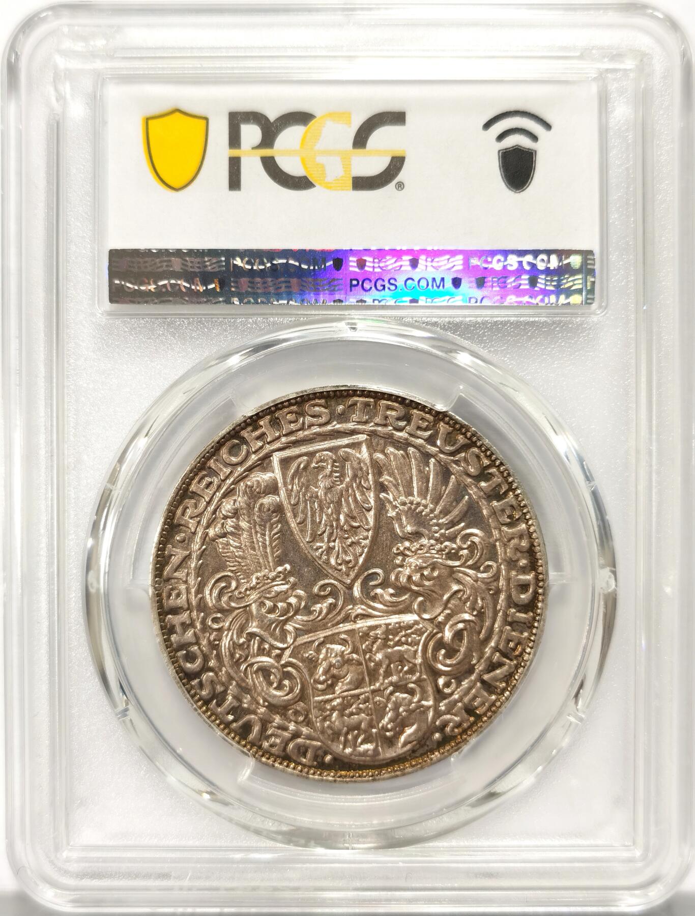 博洋堂世界钱币拍卖第114期（全场包邮） PCGS SP62 德国魏玛1927年兴登堡80寿辰5马克大型银章，老彩，低评了。盒子背面左上角有小磕