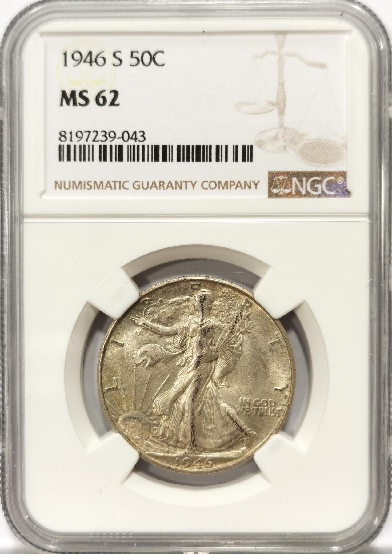 博洋堂世界钱币拍卖第114期（全场包邮） 美国1946年行走女神半美元银币NGC-MS62，状态不错。