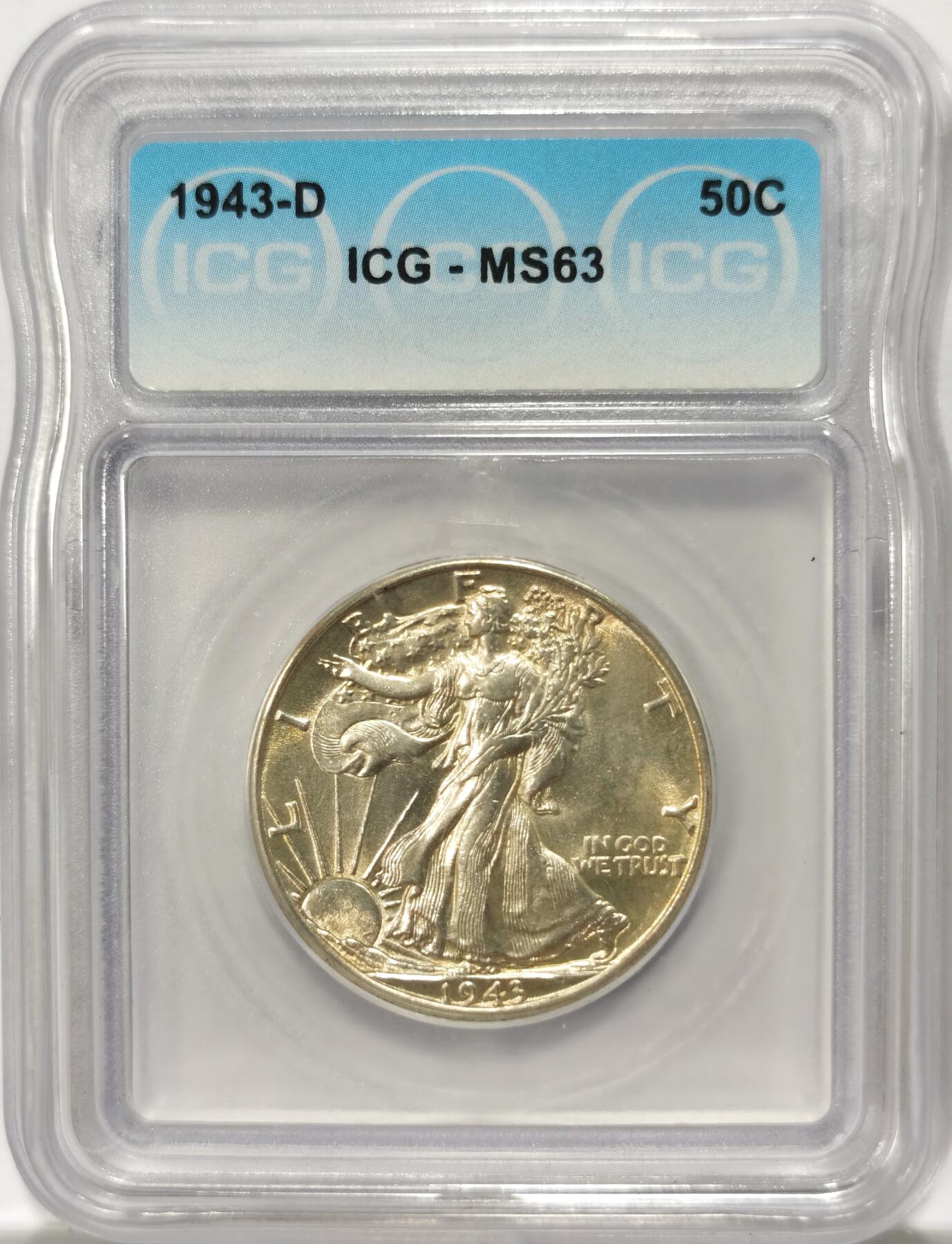 博洋堂世界钱币拍卖第114期（全场包邮） 美国1943年行走女神半美元银币ICG-MS63，原汁原味老包浆，包浆醇厚，状态极佳。