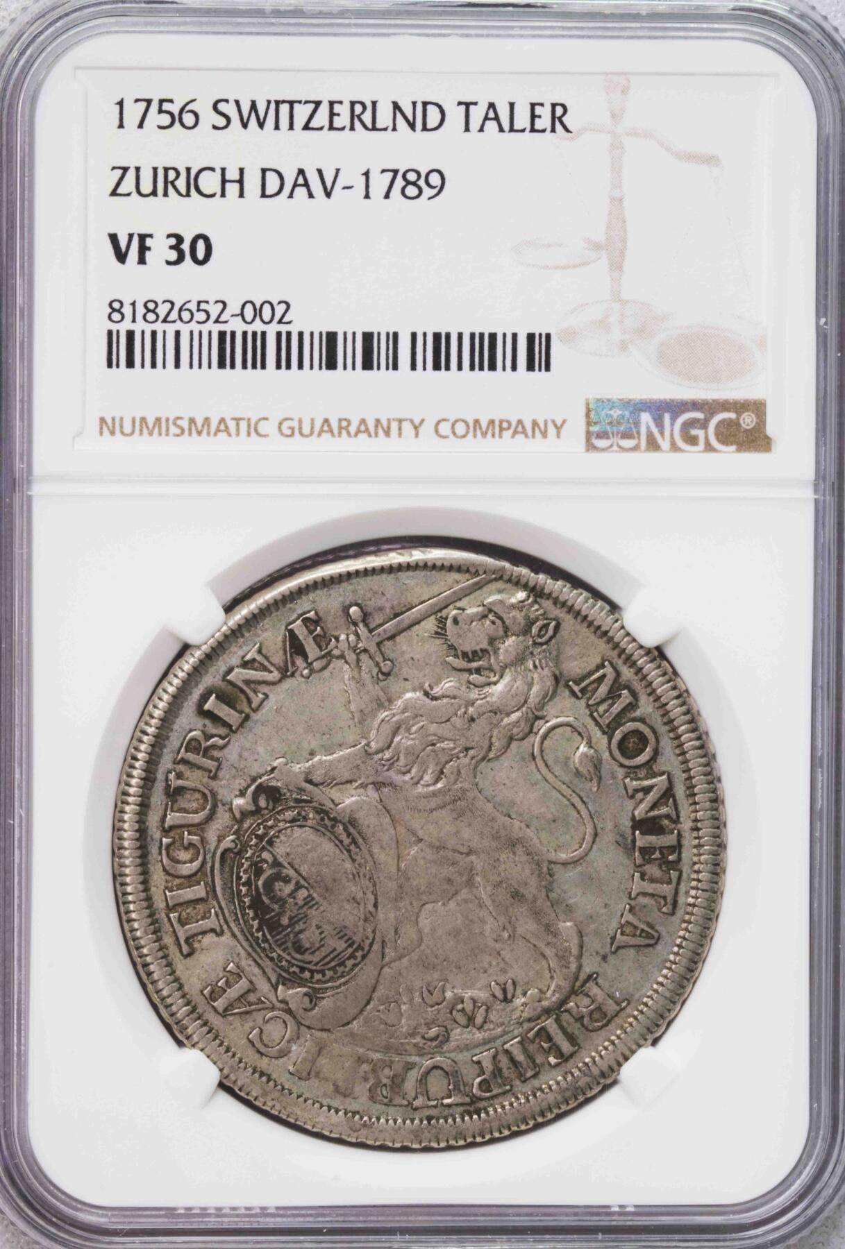 NGC-VF30 1756苏黎世文字版泰勒大银币 唯一有分冠军