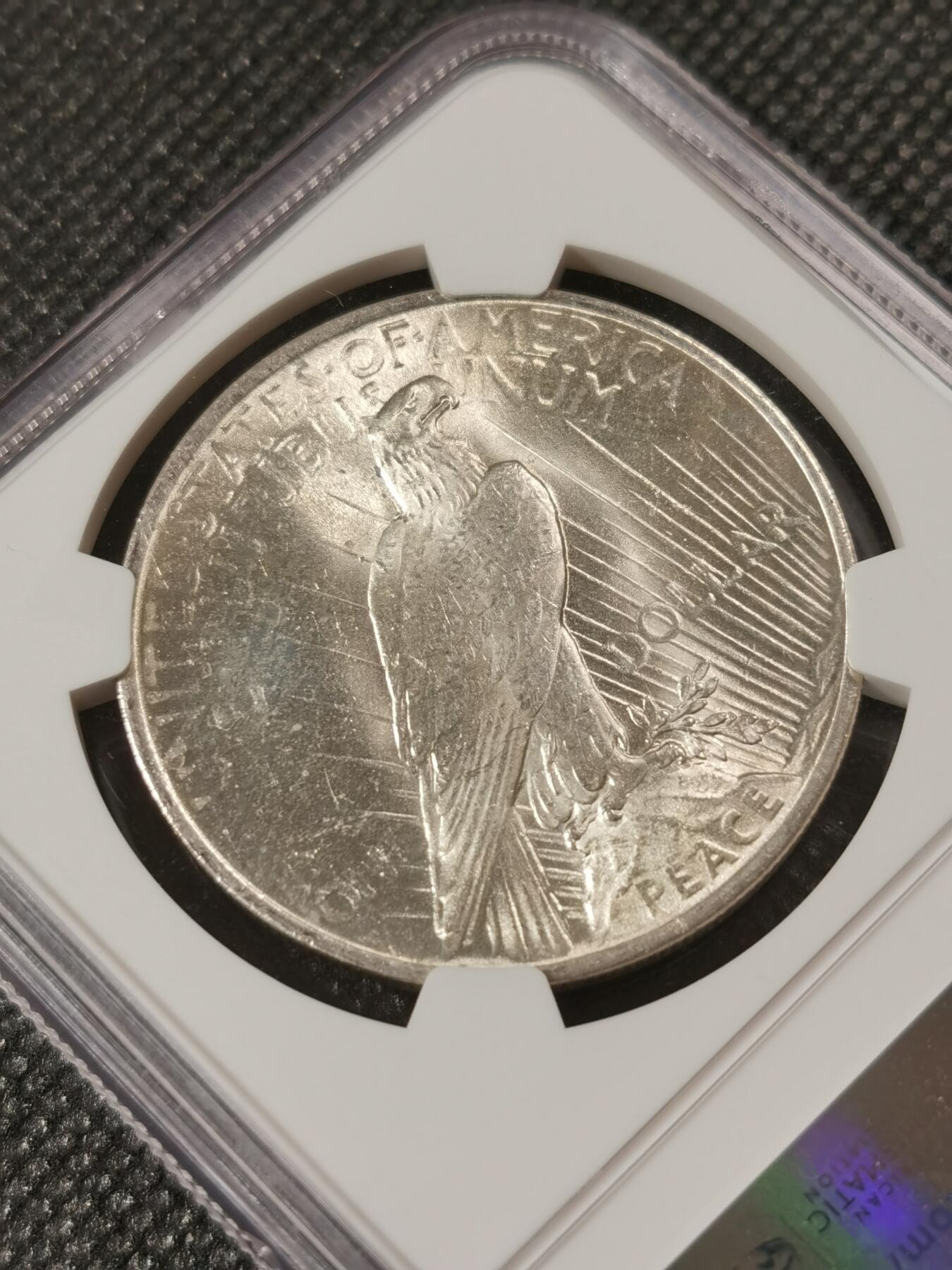 甄臻铺-世界钱币拍卖（第8期）新铺开张，欢迎捧场 NGC-MS63 1923年美国和平，转光强烈