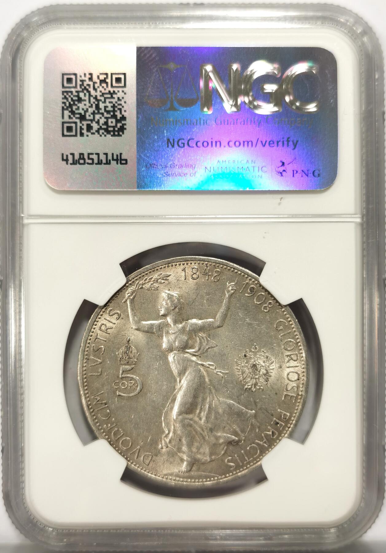 博洋堂世界钱币拍卖第114期（全场包邮） NGC AU58 奥地利1908年约瑟夫国王登基60周年5克朗，状态不亚于MS。