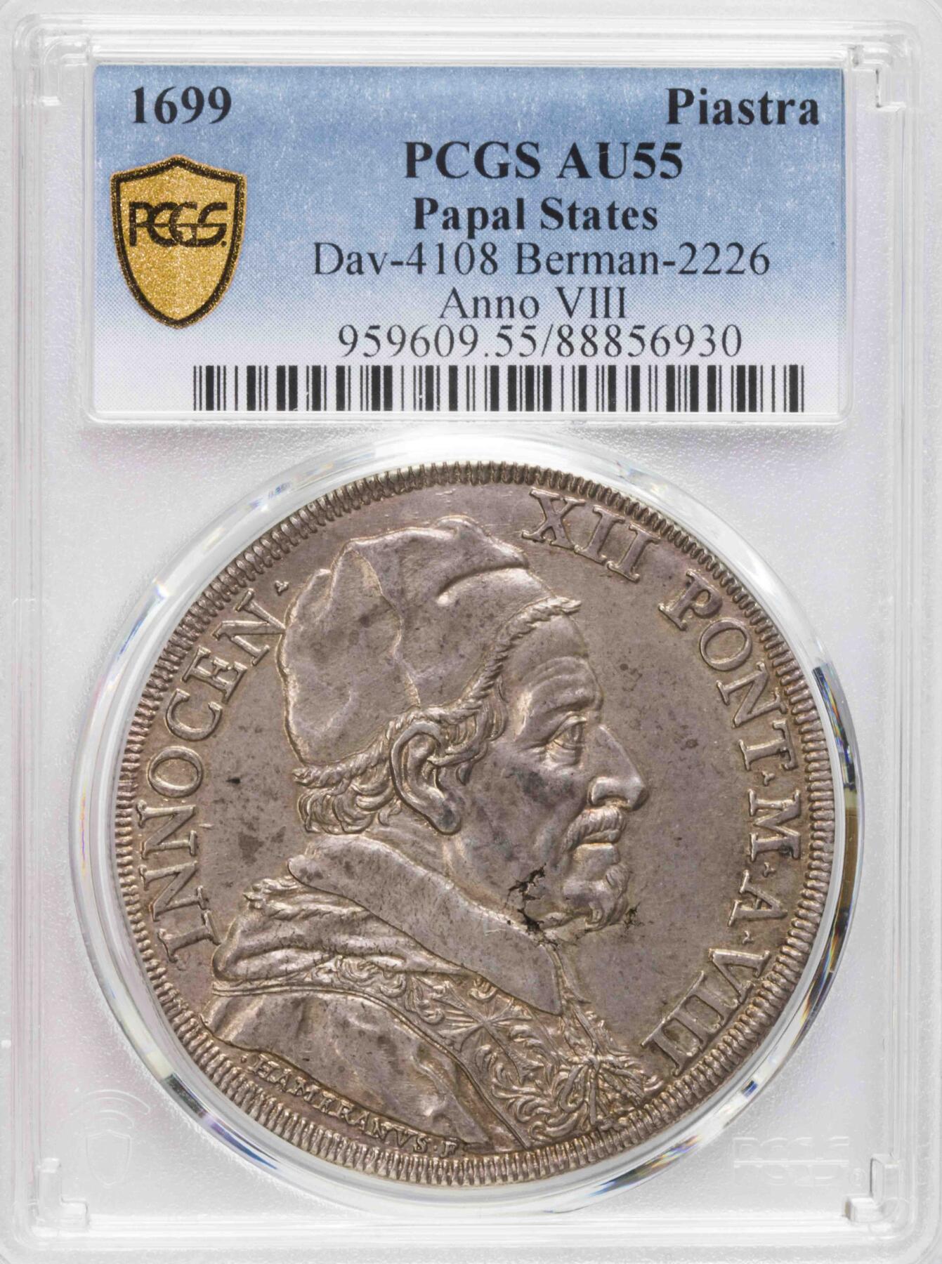 PCGS-AU55 1699教皇国宗教皮阿斯特大银币 少见品种