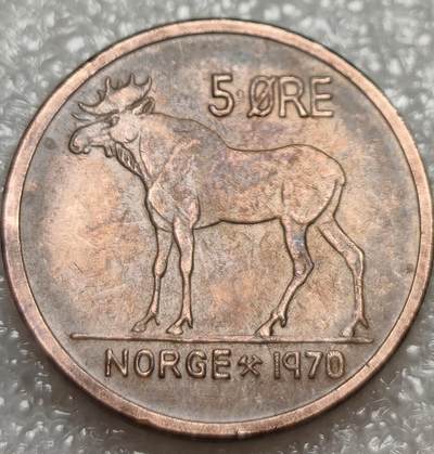 泉币菌-第8场-中外散币乐园 - 铜光美品挪威1970年5欧尔 麋鹿 奥拉夫五世国王 青铜币 外国钱币硬币 27mm