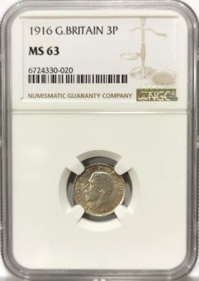 博洋堂“生趣盎然”4月精品专场暨第169期（全场包邮） NGC MS63 英国1916年乔治五世3便士，光度很不错