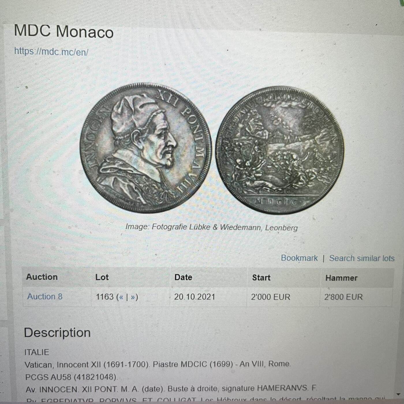 PCGS-AU55 1699教皇国宗教皮阿斯特大银币 少见品种