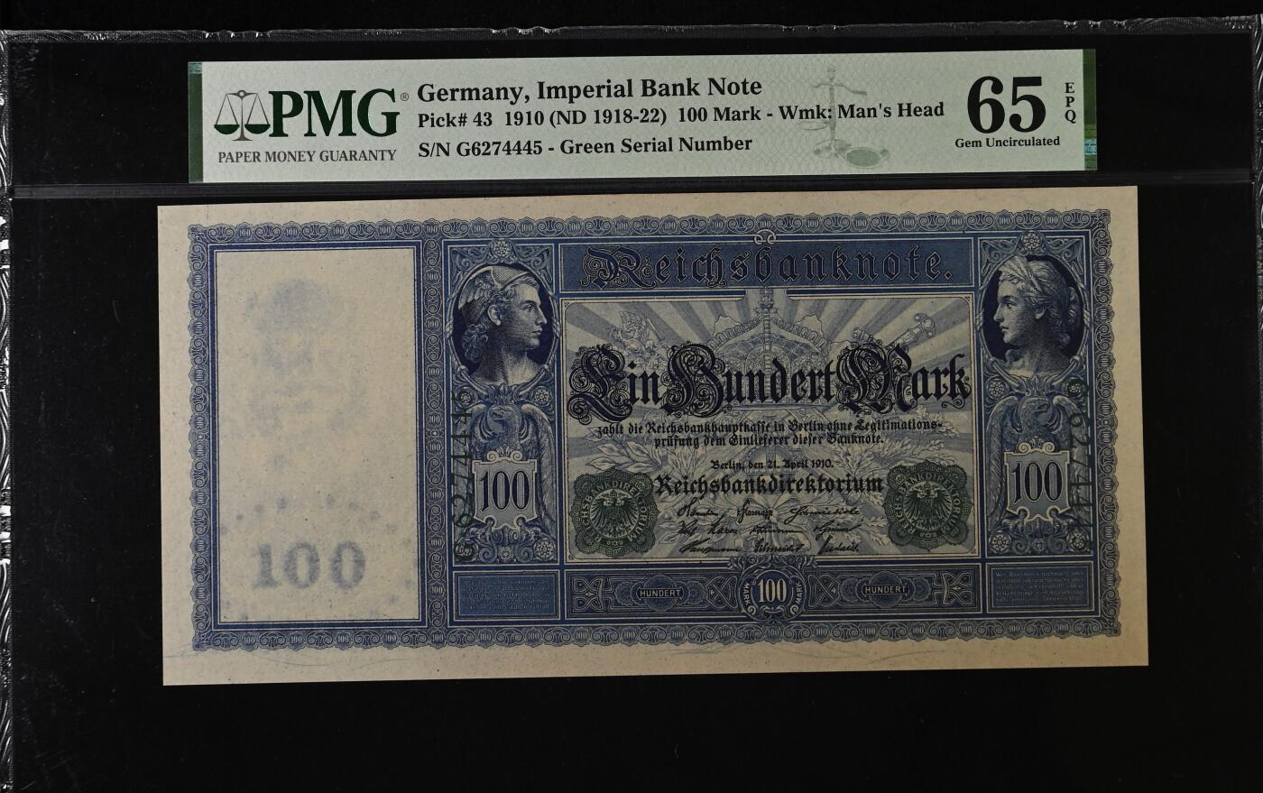 收藏联盟Quantum Auction 第412期拍卖 @征集拍品 长期供货可享分佣福利  1910年德国帝国银行100马克 PMG65E Germany, Imperial Bank Note, 100 Mark 1910 (ND 1918-22) - Wmk: Man's Head