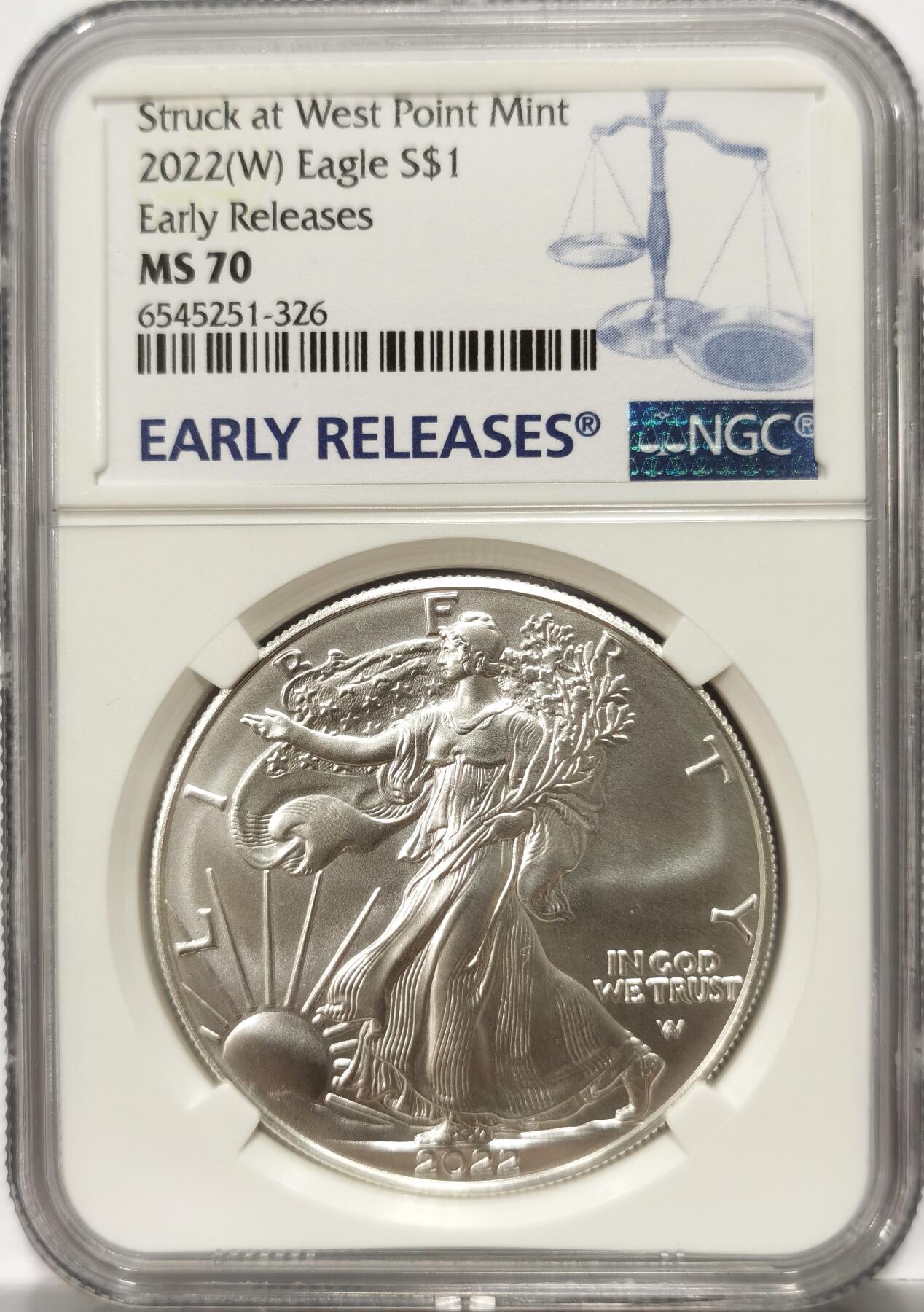 博洋堂世界钱币拍卖第114期（全场包邮） NGC MS70 美国2022年鹰洋，W厂，首期蓝标