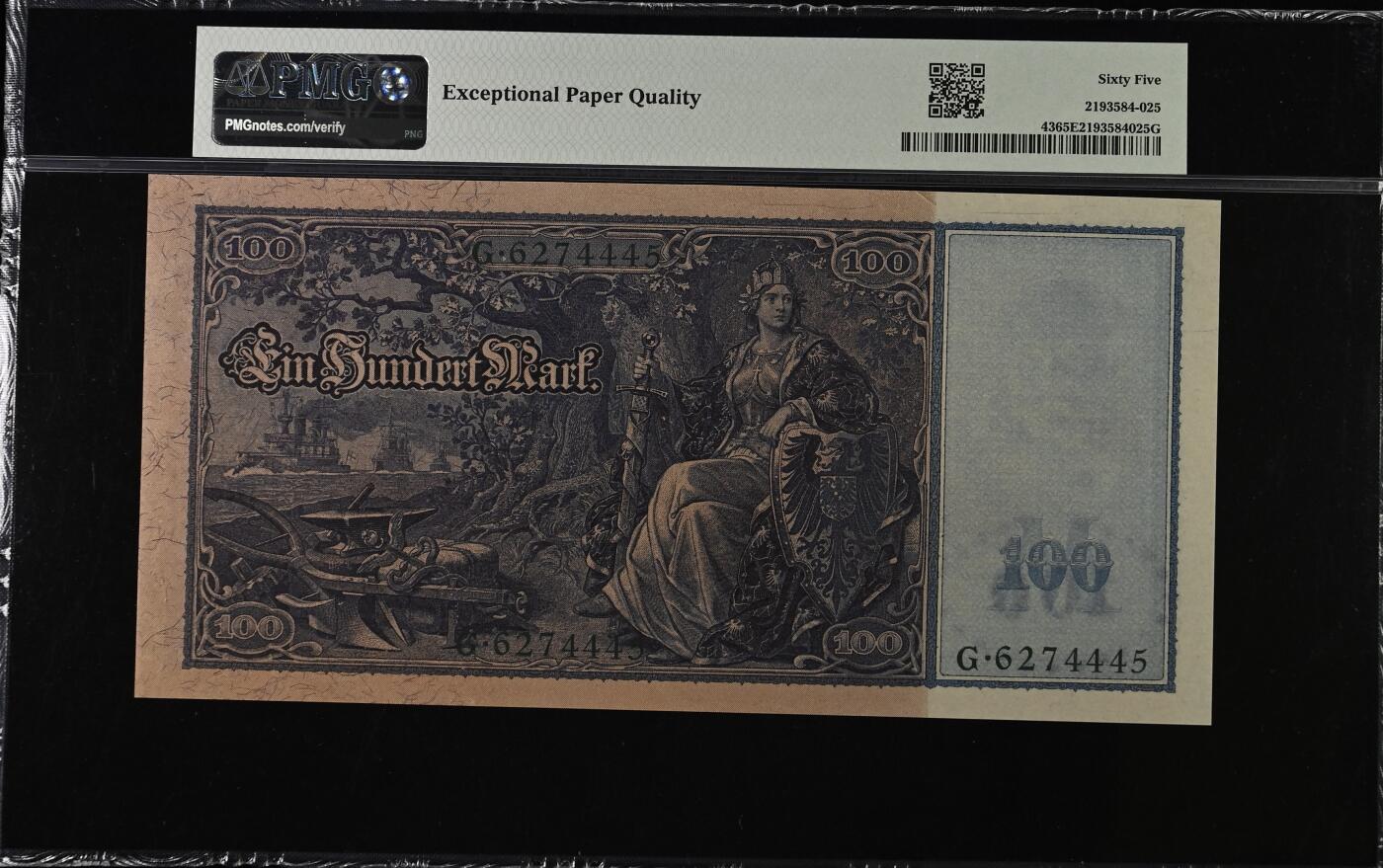 收藏联盟Quantum Auction 第412期拍卖 @征集拍品 长期供货可享分佣福利  1910年德国帝国银行100马克 PMG65E Germany, Imperial Bank Note, 100 Mark 1910 (ND 1918-22) - Wmk: Man's Head