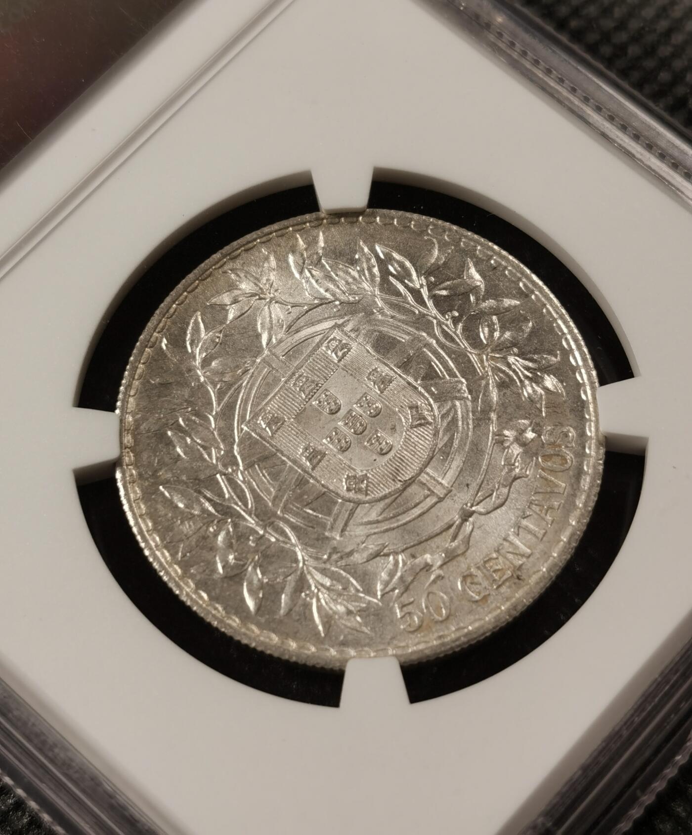 甄臻铺-世界钱币拍卖（第8期）新铺开张，欢迎捧场 NGC-MS63 1916年葡萄牙女神50分，极美车轮光，历史韵味厚重