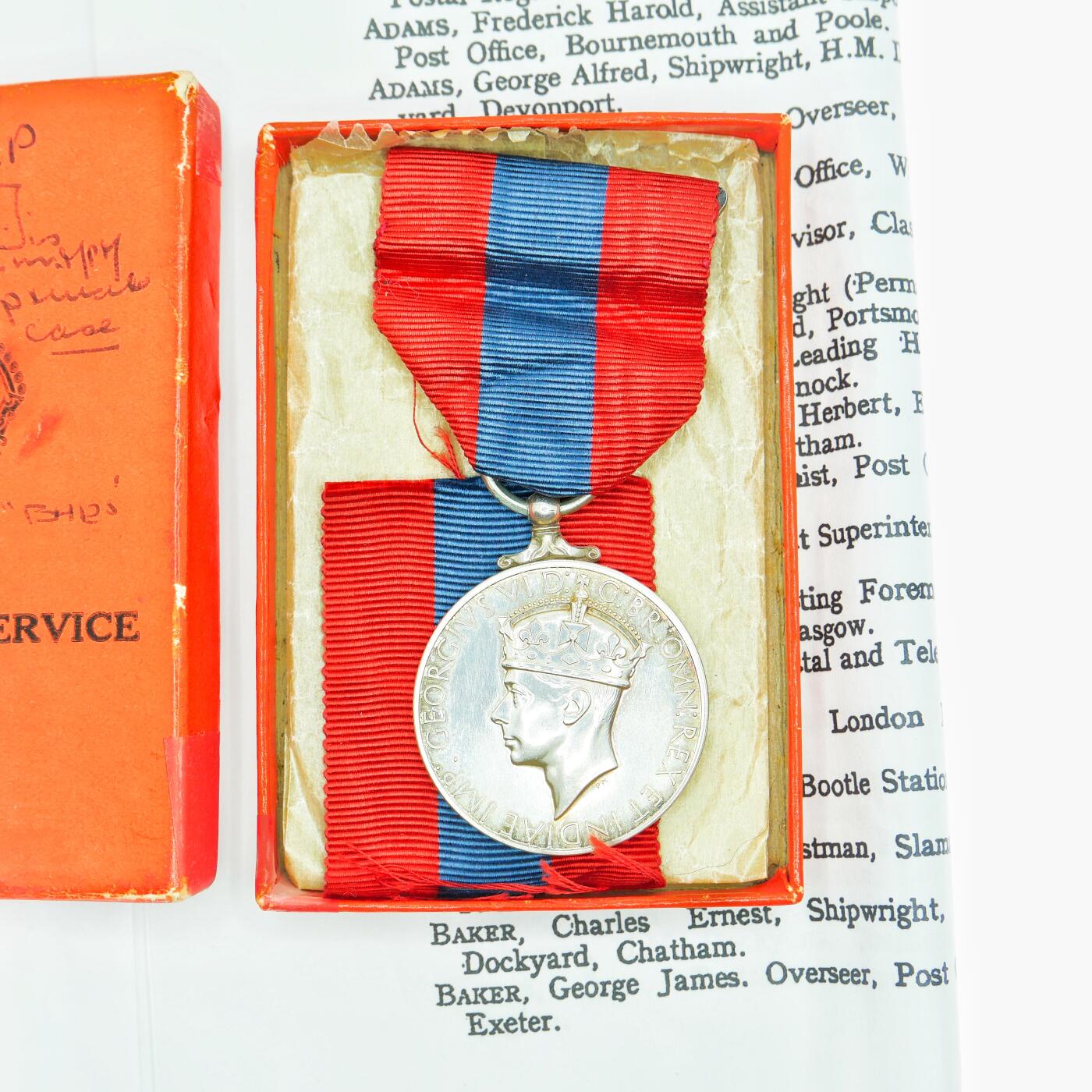 勋章奖章交易所2025年3月16拍卖 英国帝国服务奖章，乔治六世纸盒，银质